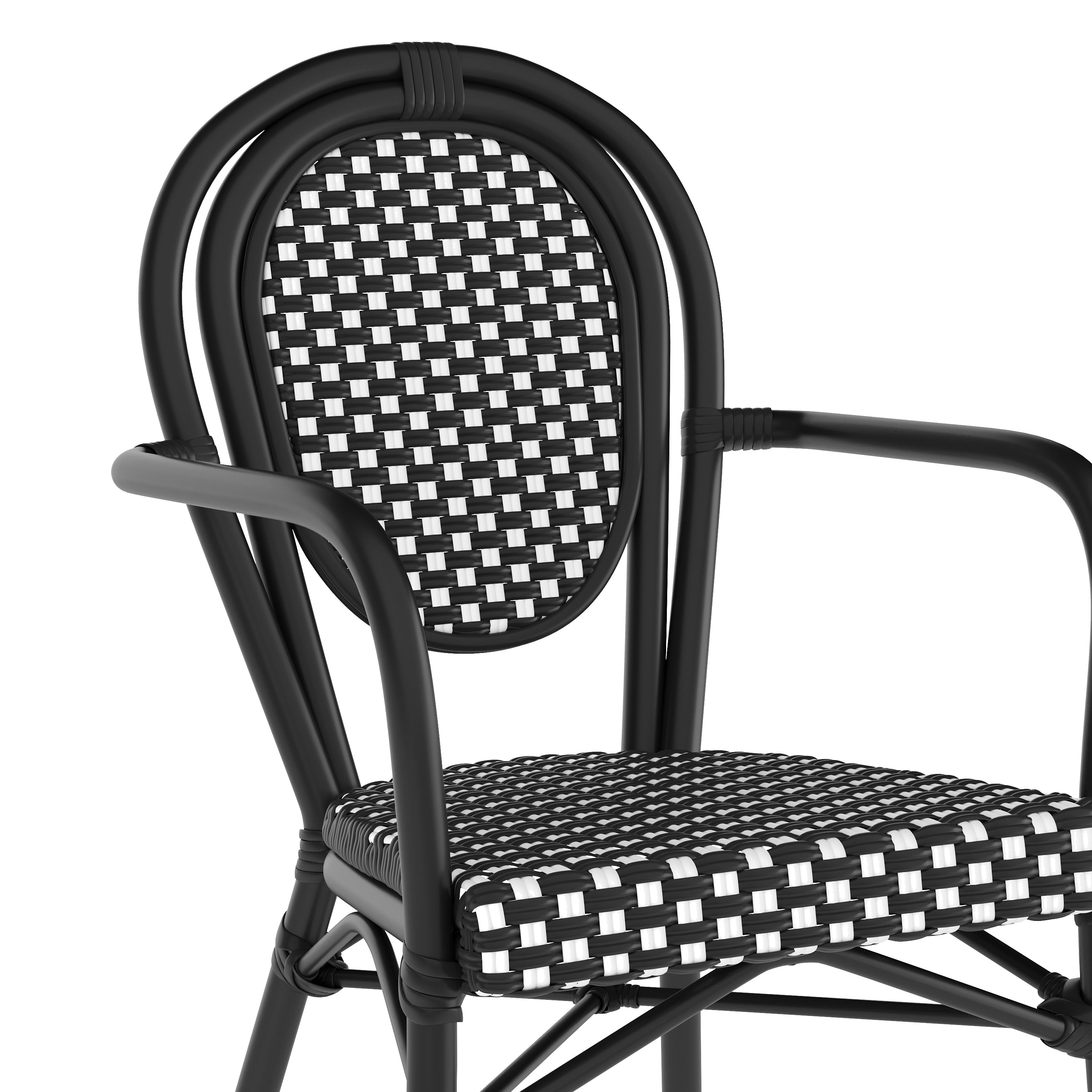 2 Pack Lourdes Indoor/Outdoor Commercial Thonet Bistro Stacking Chair with Arms, Black and White PE Rattan and Black Aluminum Frame