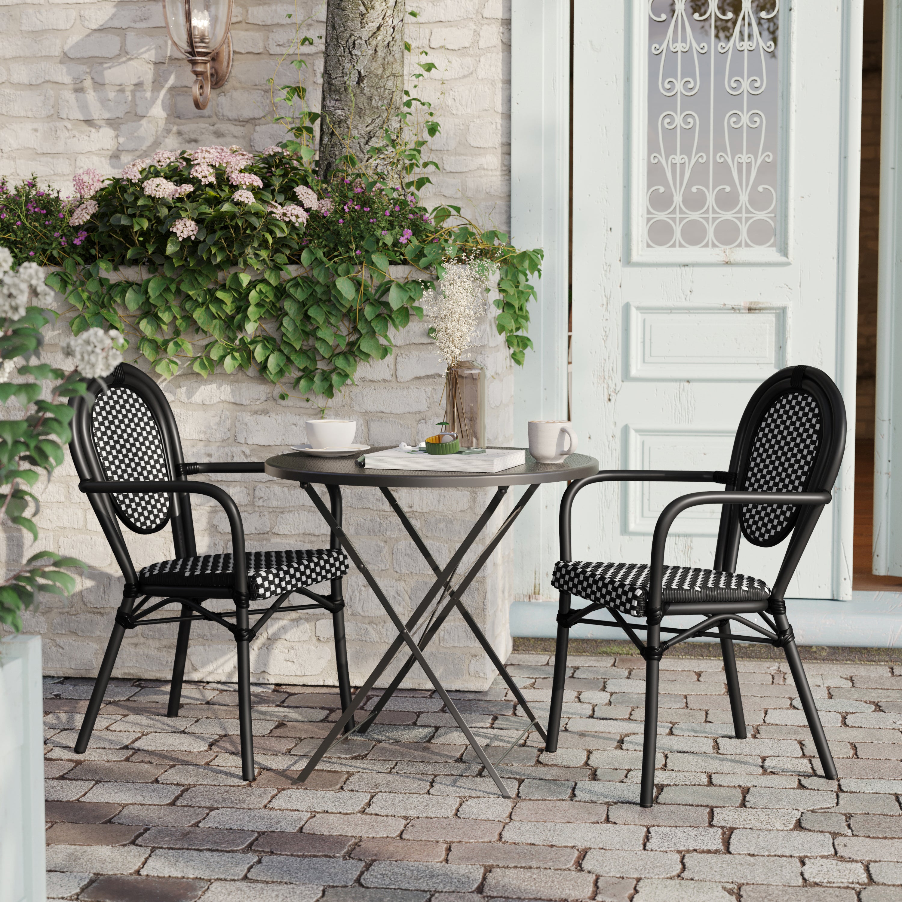 2 Pack Lourdes Indoor/Outdoor Commercial Thonet Bistro Stacking Chair with Arms, Black and White PE Rattan and Black Aluminum Frame