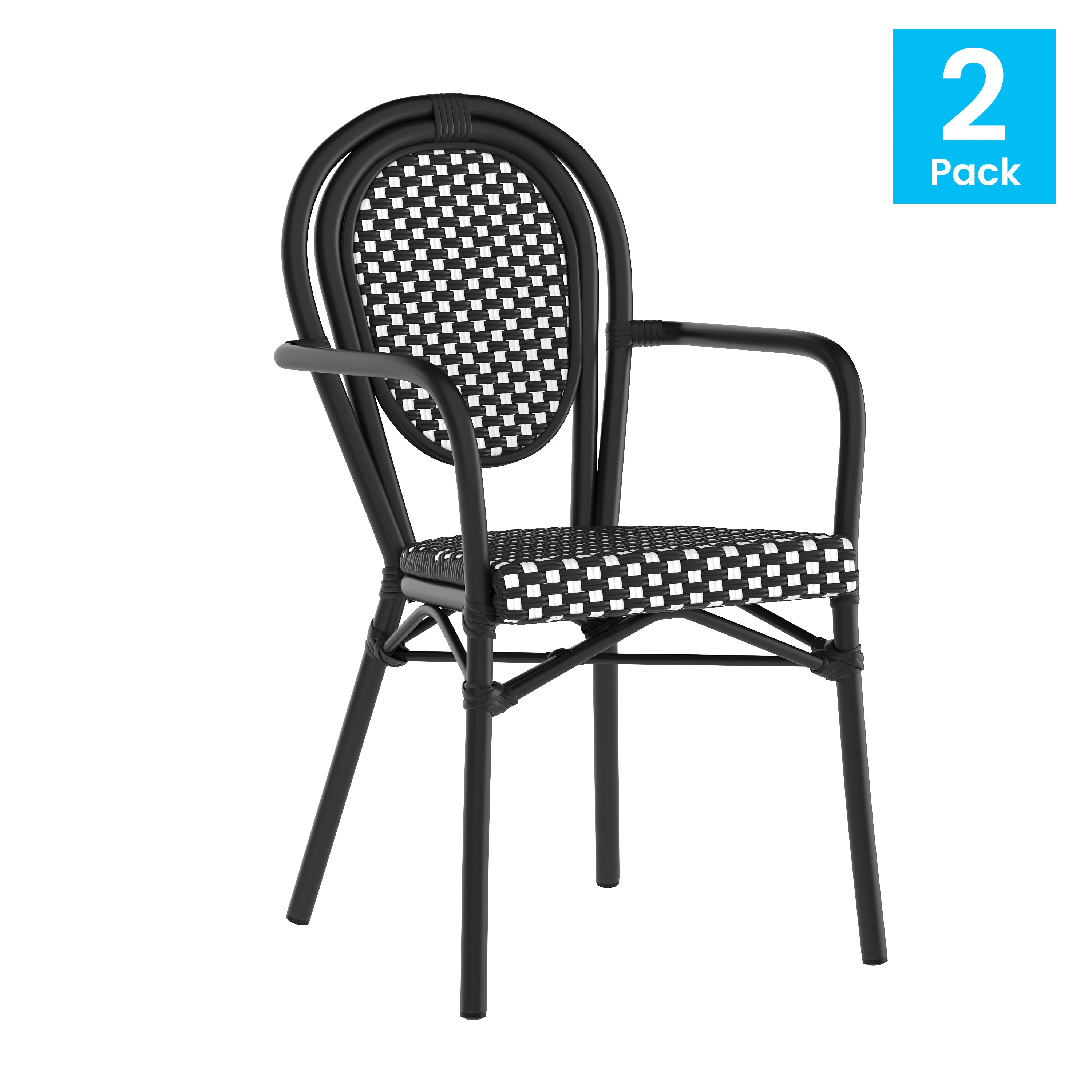 2 Pack Lourdes Indoor/Outdoor Commercial Thonet Bistro Stacking Chair with Arms, Black and White PE Rattan and Black Aluminum Frame