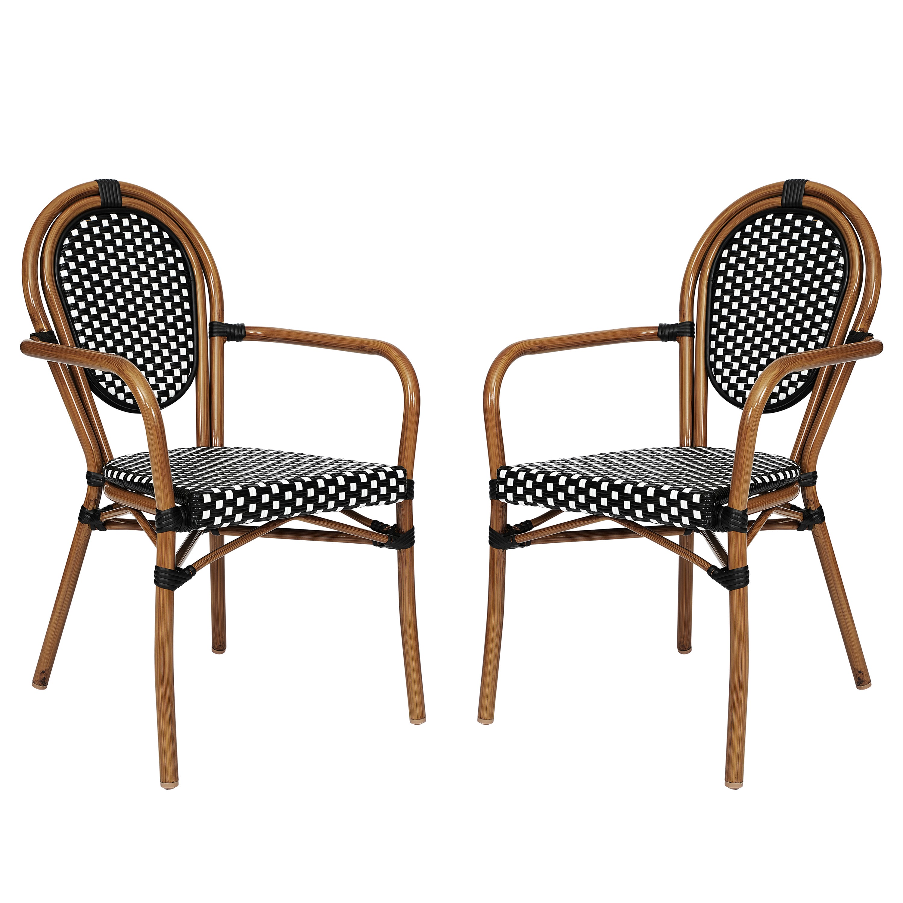 2 Pack Lourdes Indoor/Outdoor Commercial Thonet Bistro Stacking Chair with Arms, Black and White PE Rattan and Natural Aluminum Frame