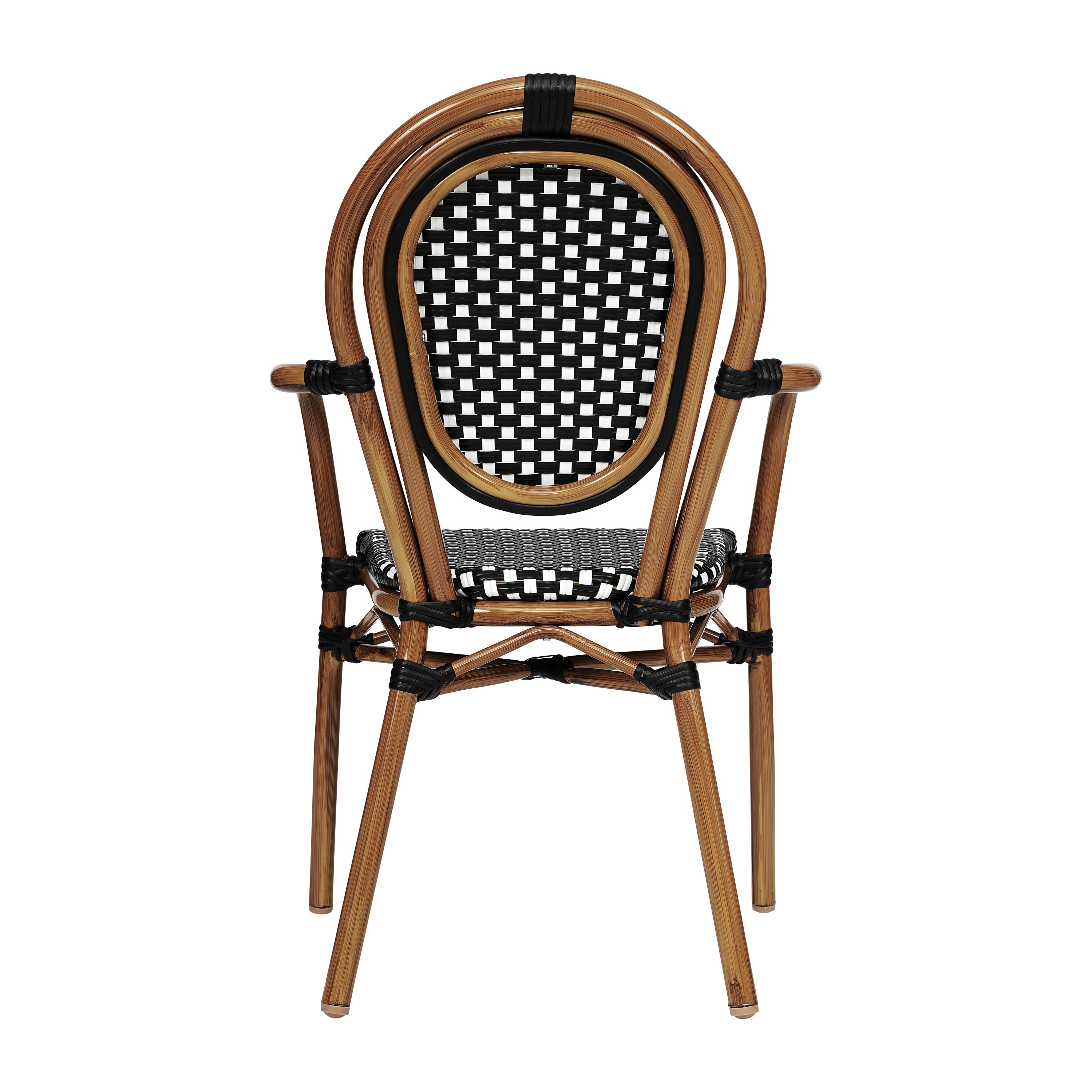 2 Pack Lourdes Indoor/Outdoor Commercial Thonet Bistro Stacking Chair with Arms, Black and White PE Rattan and Natural Aluminum Frame