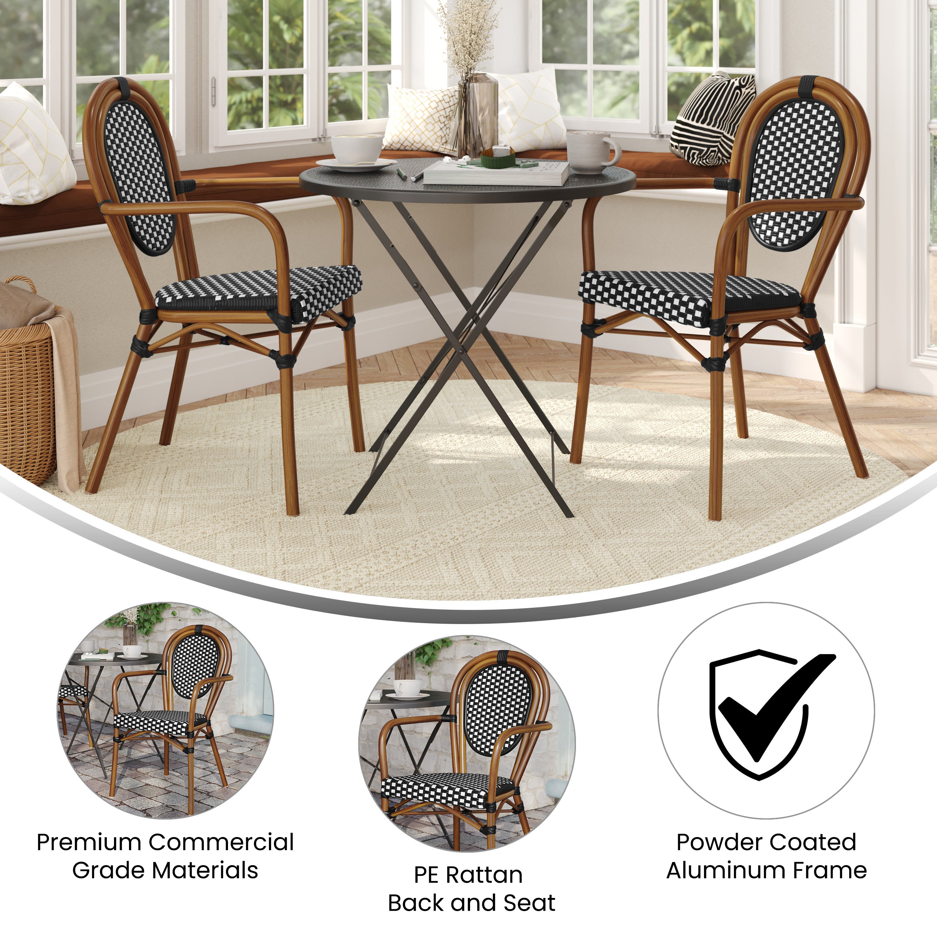 2 Pack Lourdes Indoor/Outdoor Commercial Thonet Bistro Stacking Chair with Arms, Black and White PE Rattan and Natural Aluminum Frame