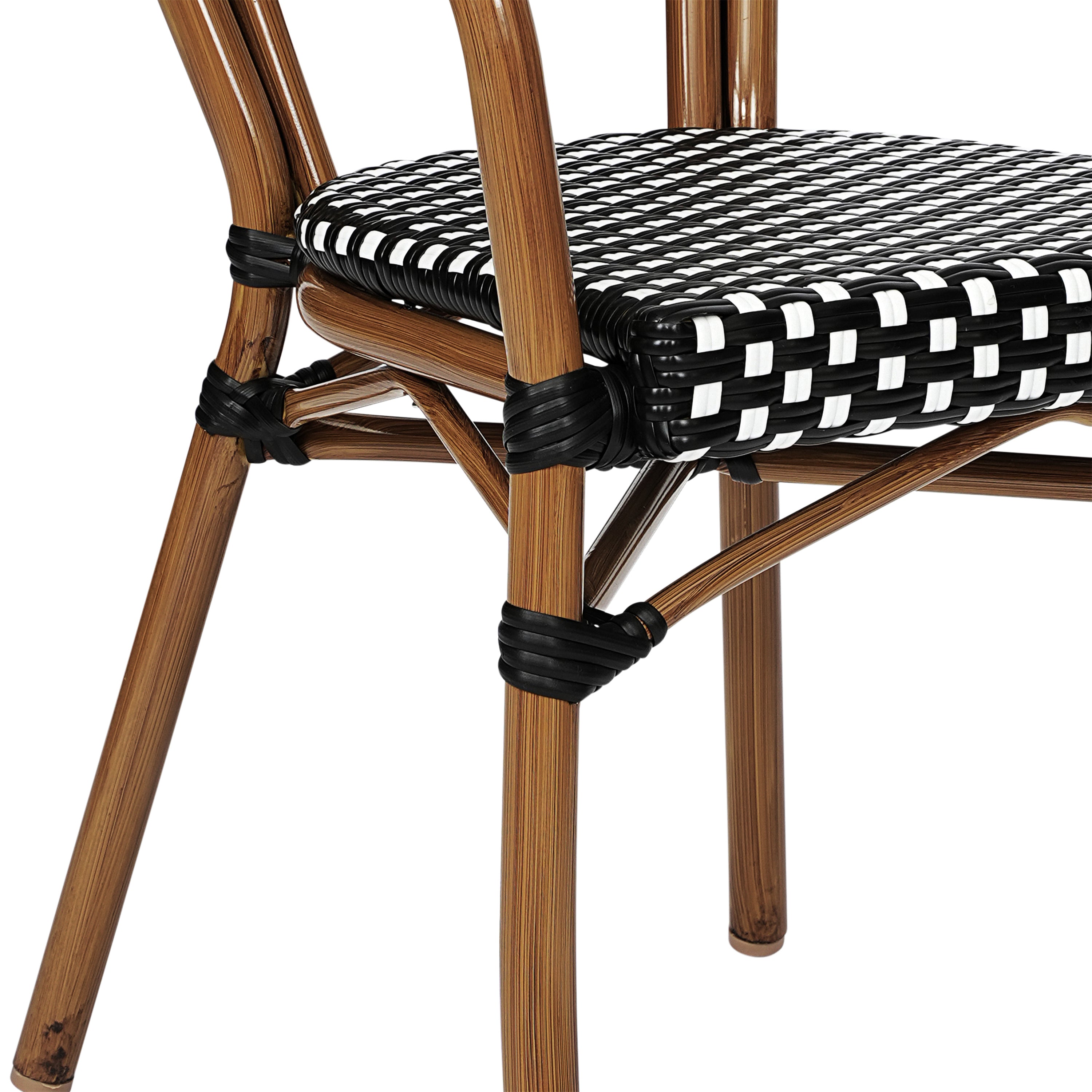 2 Pack Lourdes Indoor/Outdoor Commercial Thonet Bistro Stacking Chair with Arms, Black and White PE Rattan and Natural Aluminum Frame