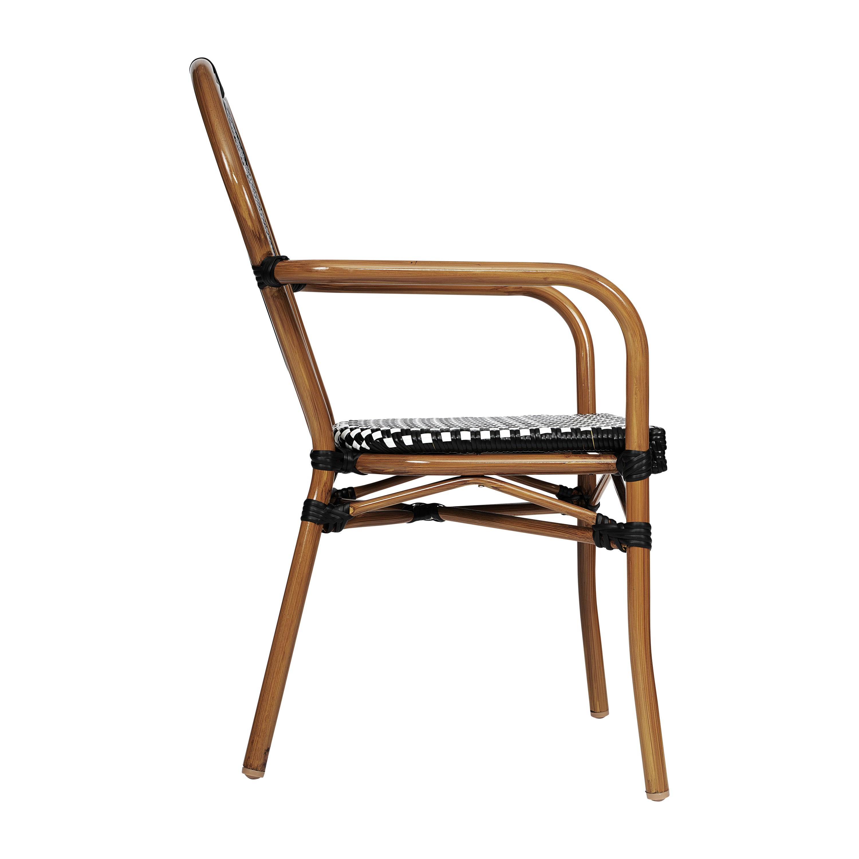 2 Pack Lourdes Indoor/Outdoor Commercial Thonet Bistro Stacking Chair with Arms, Black and White PE Rattan and Natural Aluminum Frame