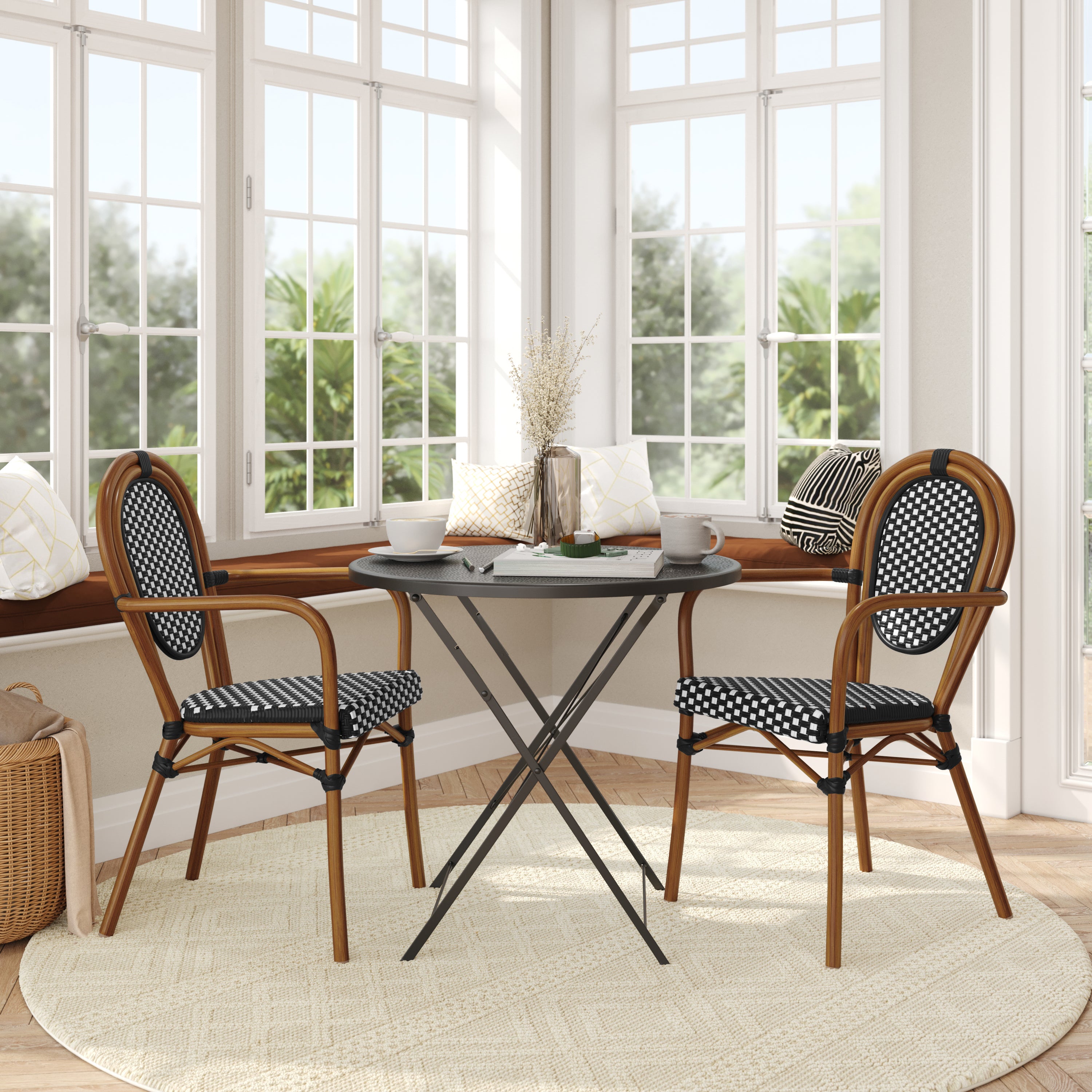 2 Pack Lourdes Indoor/Outdoor Commercial Thonet Bistro Stacking Chair with Arms, Black and White PE Rattan and Natural Aluminum Frame