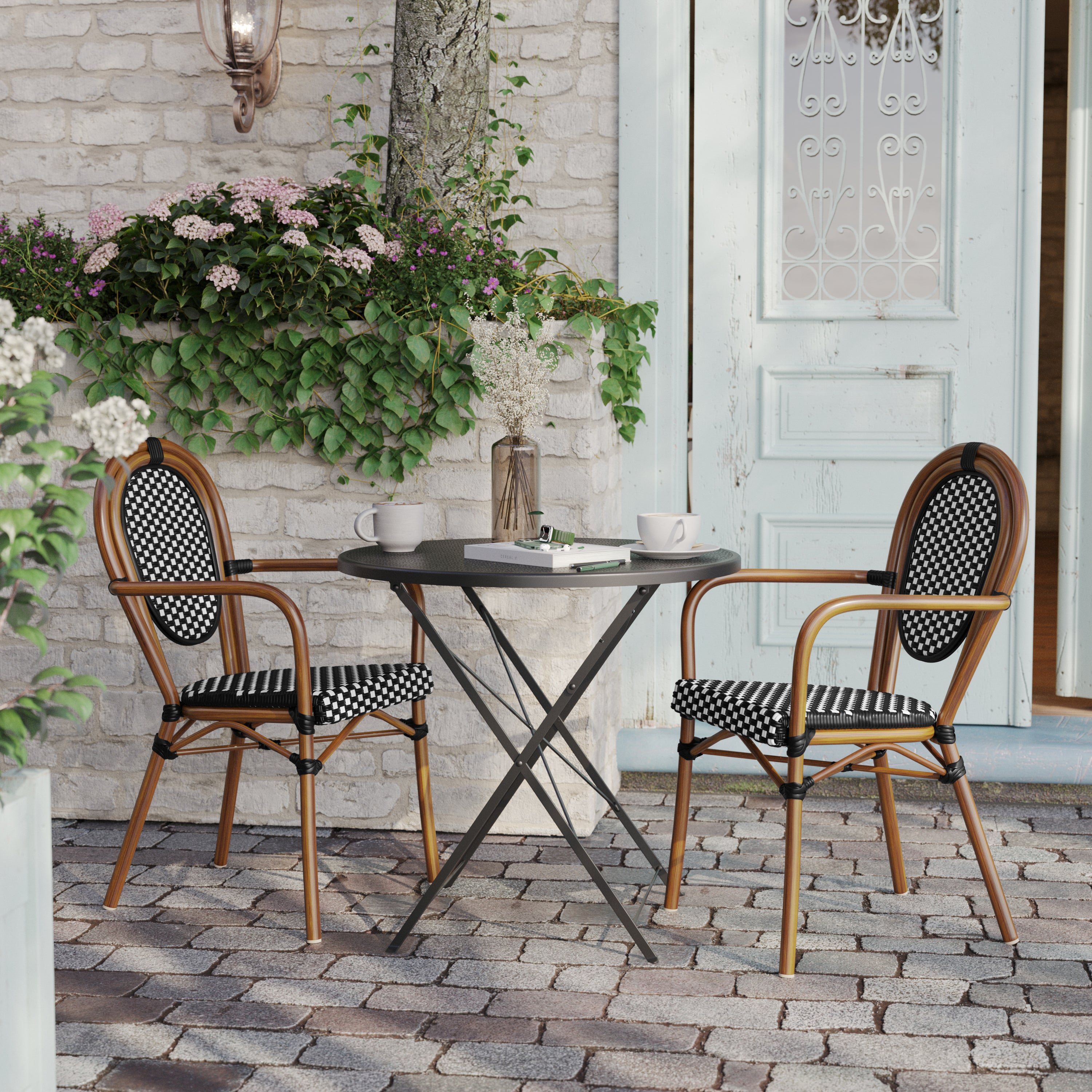 2 Pack Lourdes Indoor/Outdoor Commercial Thonet Bistro Stacking Chair with Arms, Black and White PE Rattan and Natural Aluminum Frame