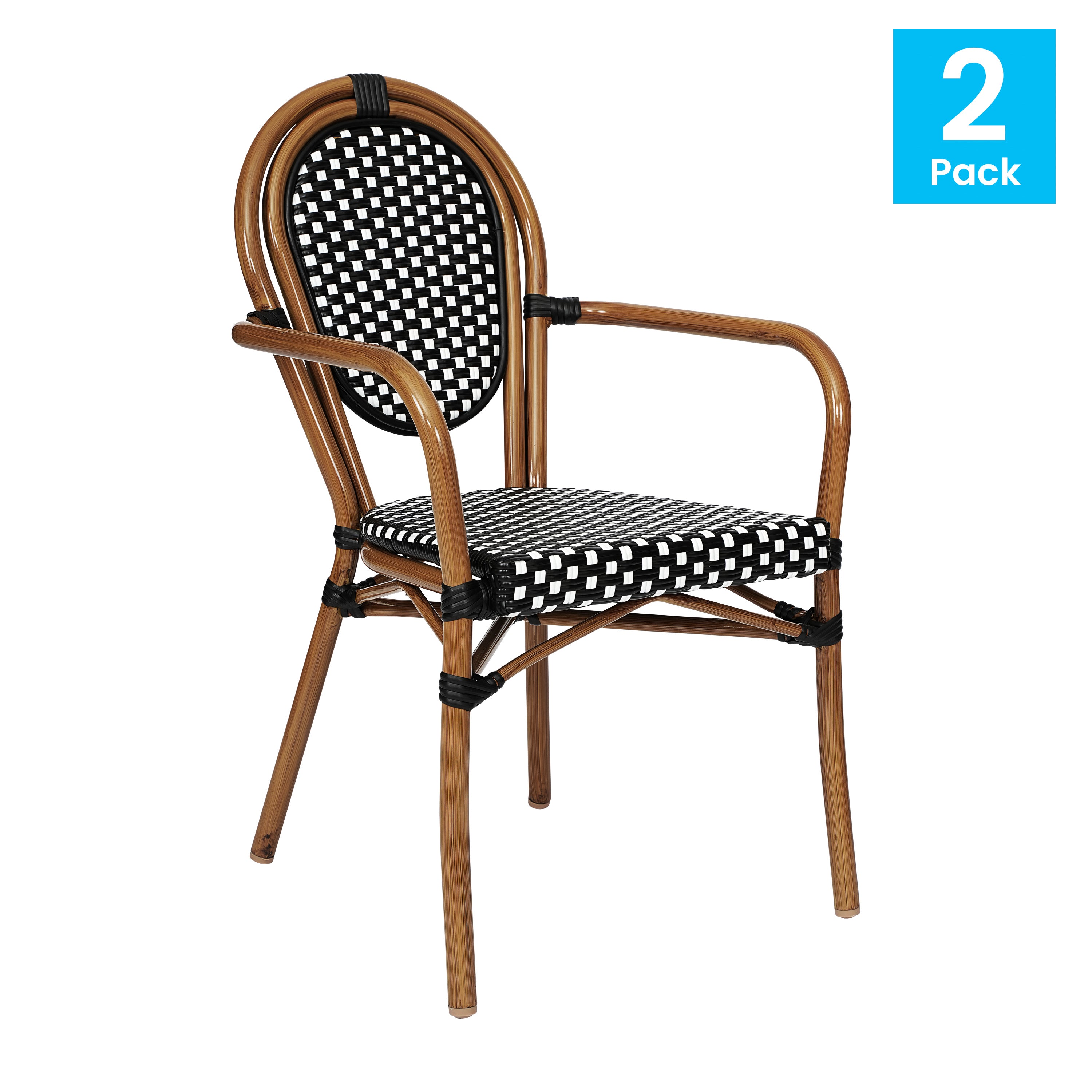 2 Pack Lourdes Indoor/Outdoor Commercial Thonet Bistro Stacking Chair with Arms, Black and White PE Rattan and Natural Aluminum Frame