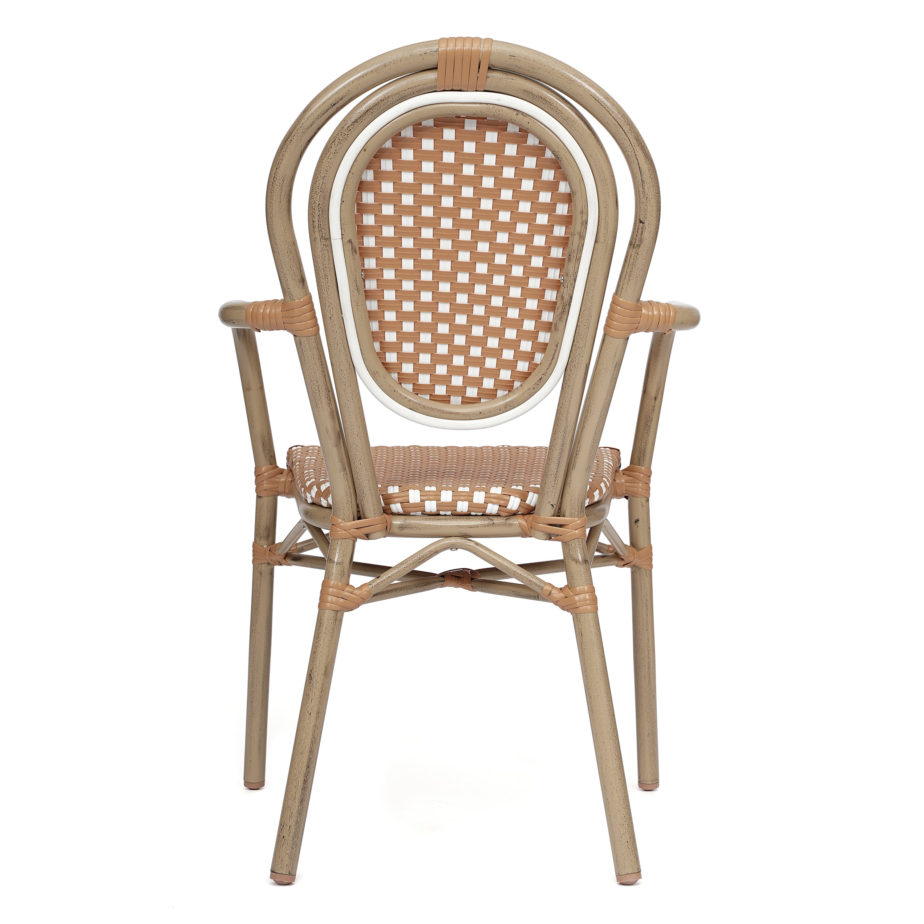 2 Pack Lourdes Indoor/Outdoor Commercial Thonet Bistro Stack Chair with Arms, Natural/White PE Rattan and Bamboo Aluminum Frame in Lt Natural