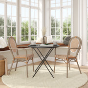 2 Pack Lourdes Indoor/Outdoor Commercial Thonet Bistro Stack Chair with Arms, Natural/White PE Rattan and Bamboo Aluminum Frame in Lt Natural