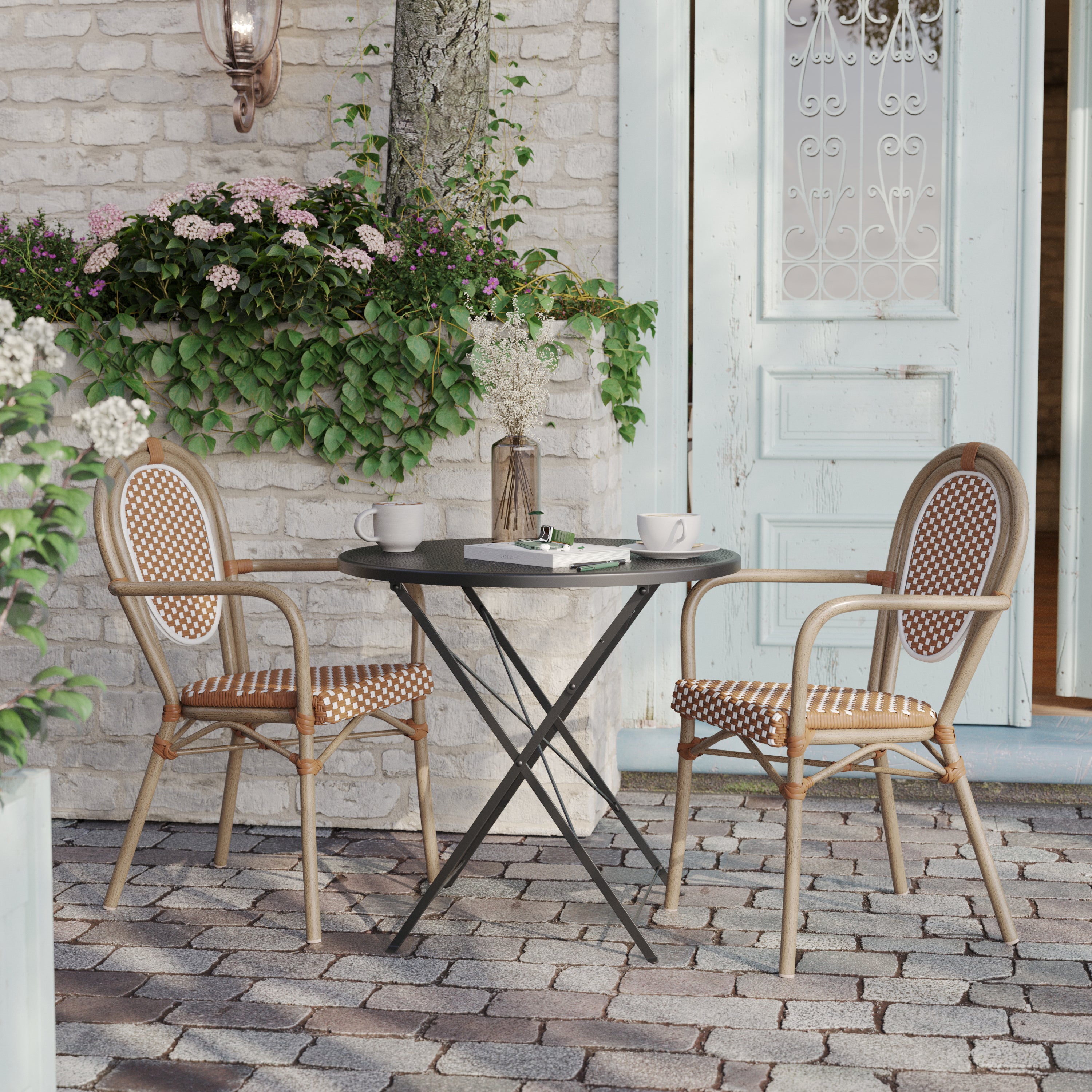 2 Pack Lourdes Indoor/Outdoor Commercial Thonet Bistro Stack Chair with Arms, Natural/White PE Rattan and Bamboo Aluminum Frame in Lt Natural