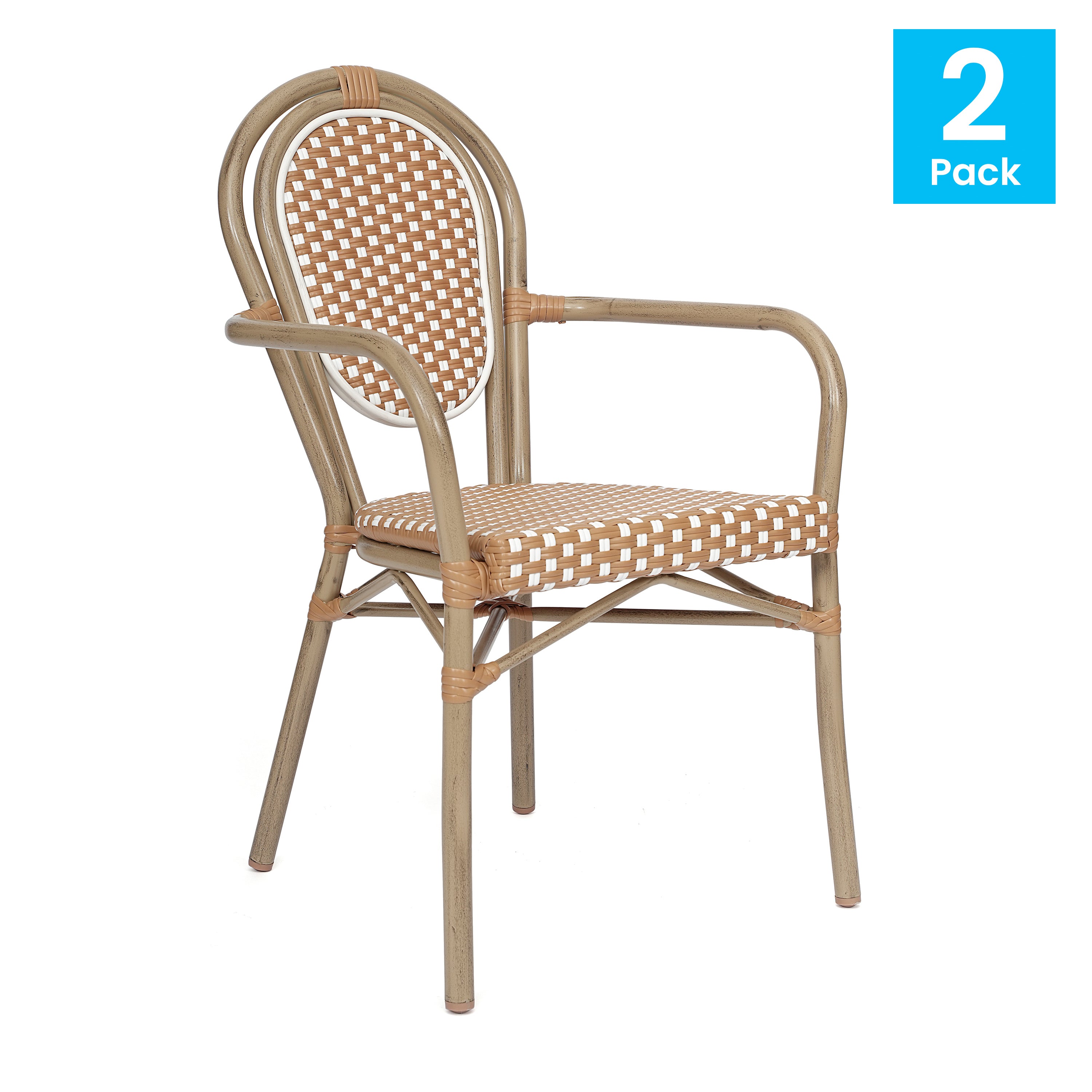 2 Pack Lourdes Indoor/Outdoor Commercial Thonet Bistro Stack Chair with Arms, Natural/White PE Rattan and Bamboo Aluminum Frame in Lt Natural