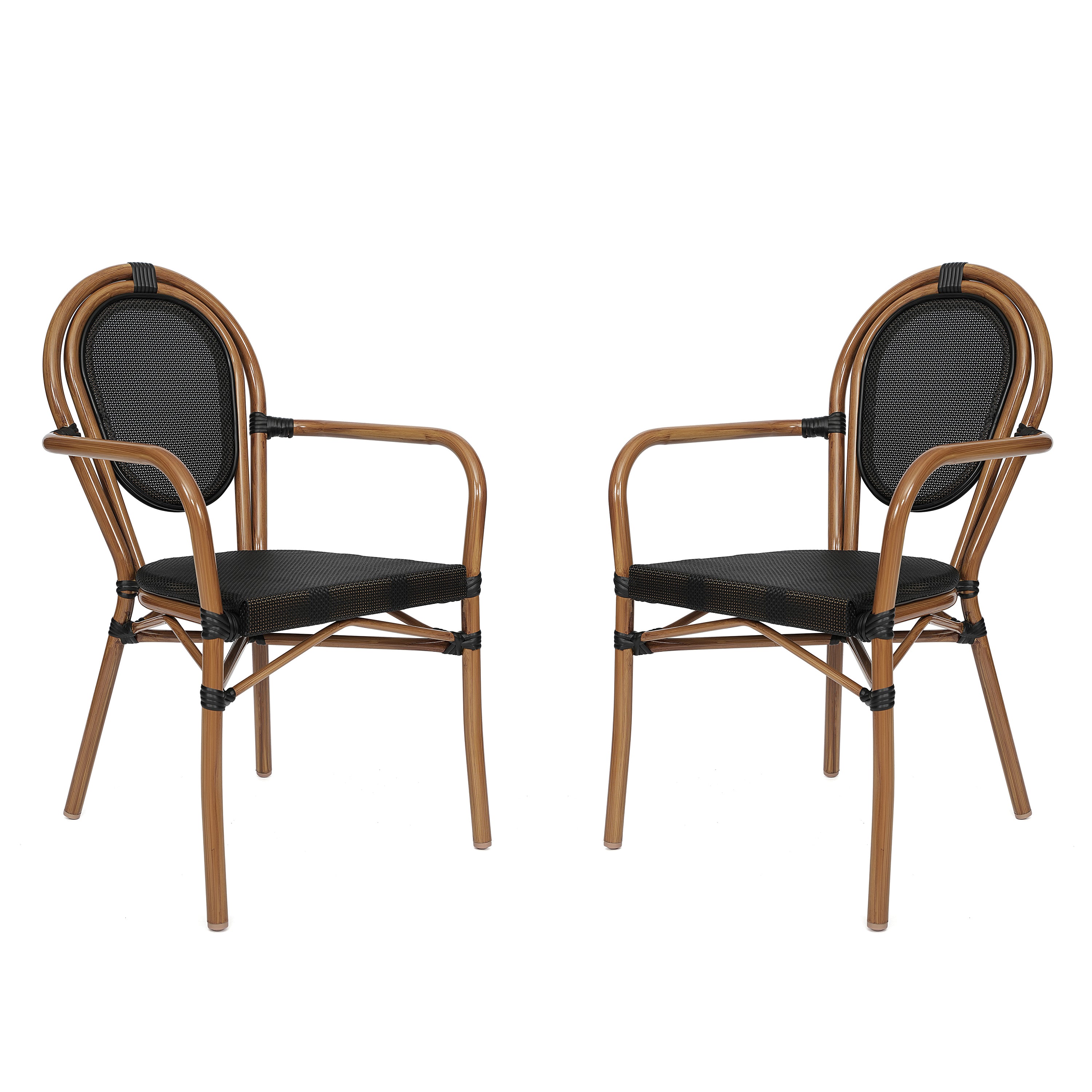 2 Pack Marseille Indoor/Outdoor Commercial Thonet Bistro Stacking Chair with Arms, Black Textilene and Bamboo Print Aluminum Frame in Natural