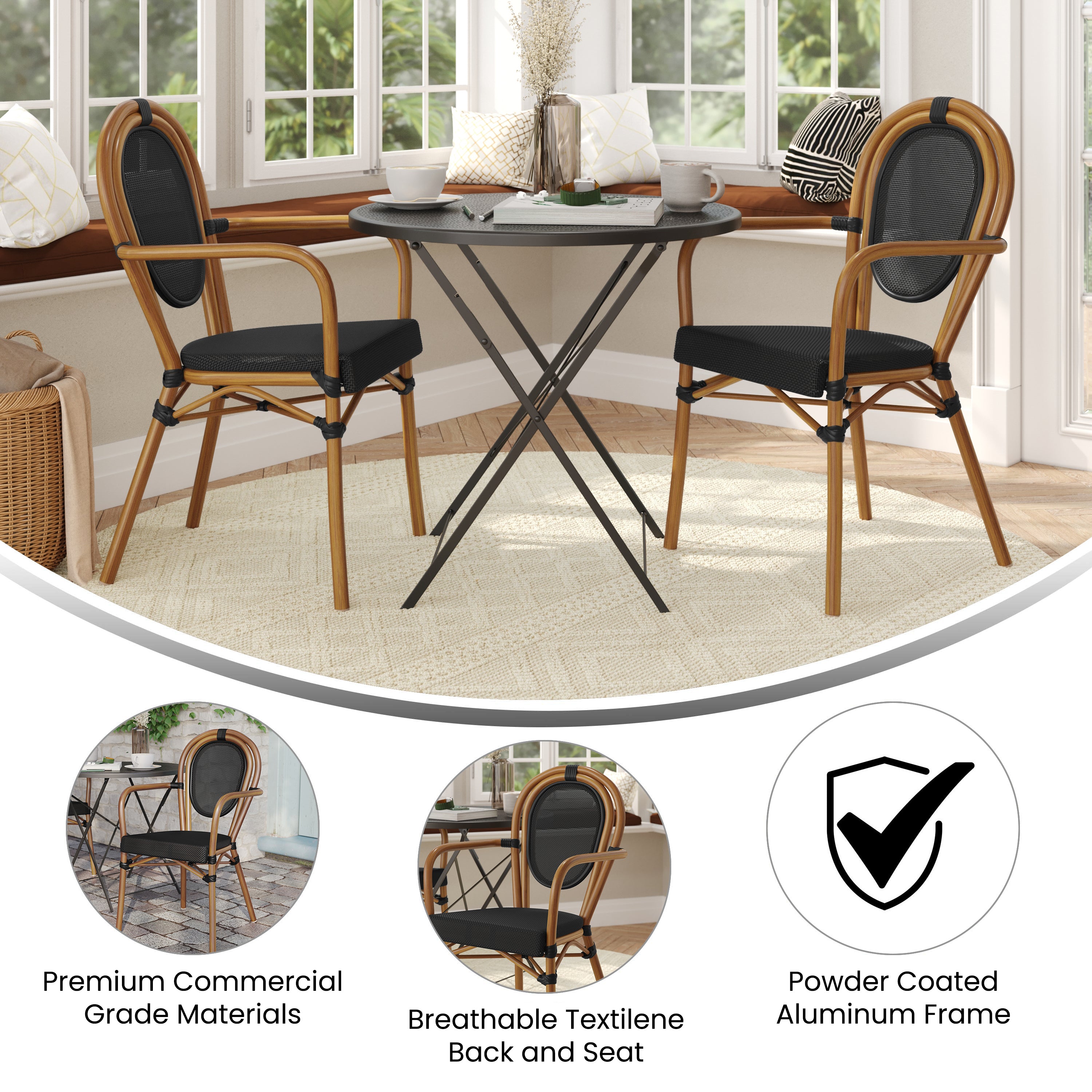 2 Pack Marseille Indoor/Outdoor Commercial Thonet Bistro Stacking Chair with Arms, Black Textilene and Bamboo Print Aluminum Frame in Natural