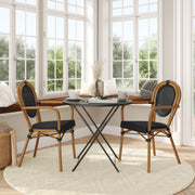 2 Pack Marseille Indoor/Outdoor Commercial Thonet Bistro Stacking Chair with Arms, Black Textilene and Bamboo Print Aluminum Frame in Natural