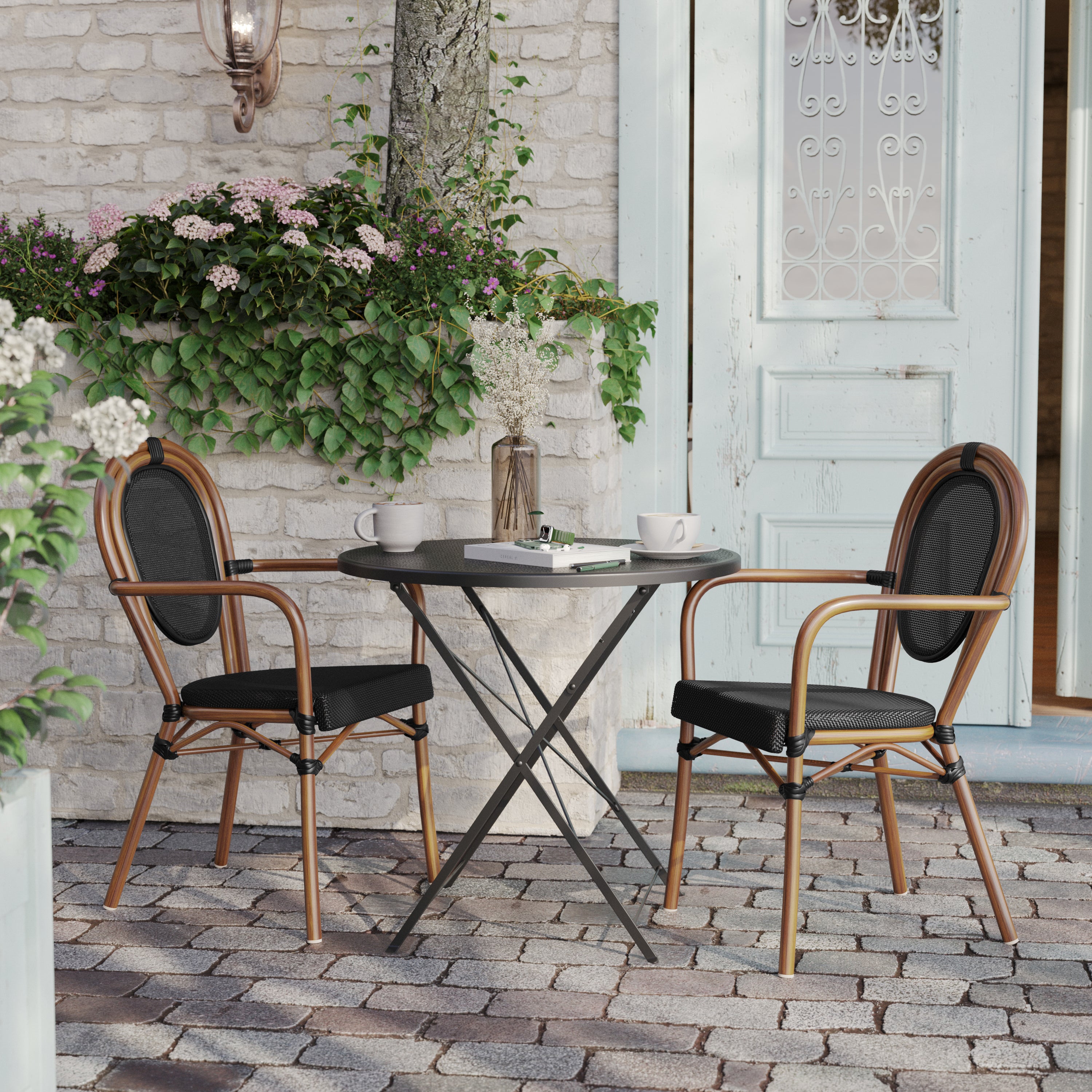 2 Pack Marseille Indoor/Outdoor Commercial Thonet Bistro Stacking Chair with Arms, Black Textilene and Bamboo Print Aluminum Frame in Natural