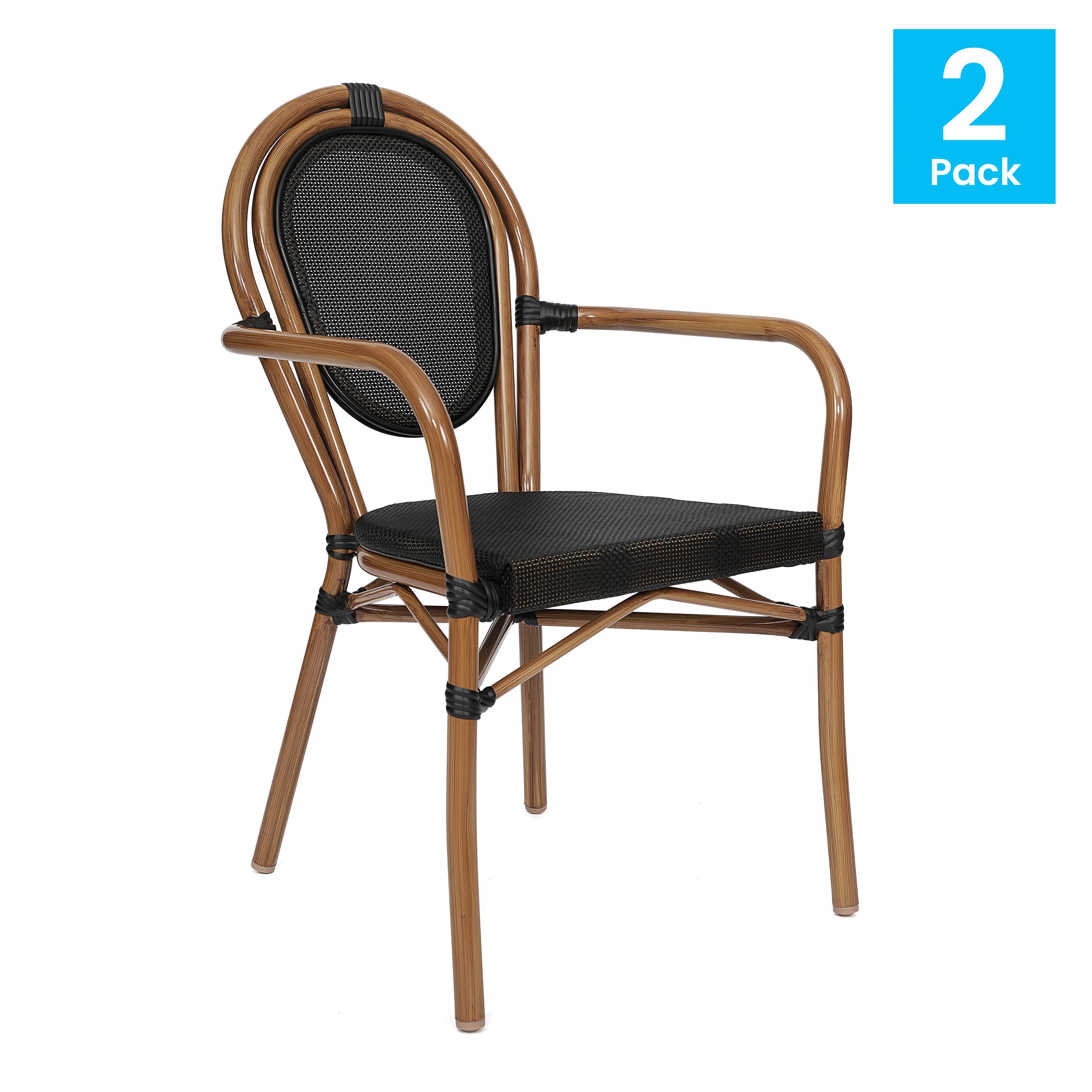 2 Pack Marseille Indoor/Outdoor Commercial Thonet Bistro Stacking Chair with Arms, Black Textilene and Bamboo Print Aluminum Frame in Natural