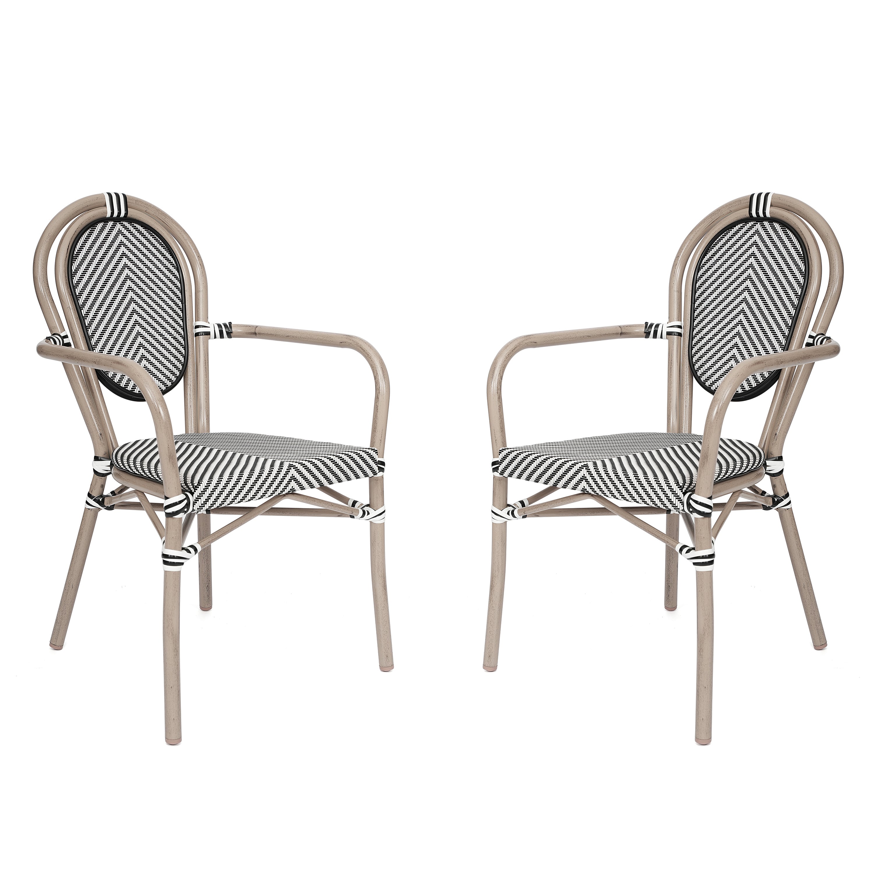 2 Pack Marseille Indoor/Outdoor Commercial Thonet Bistro Stack Chair with Arms, Black/White Textilene and Bamboo Aluminum Frame in LT Natural
