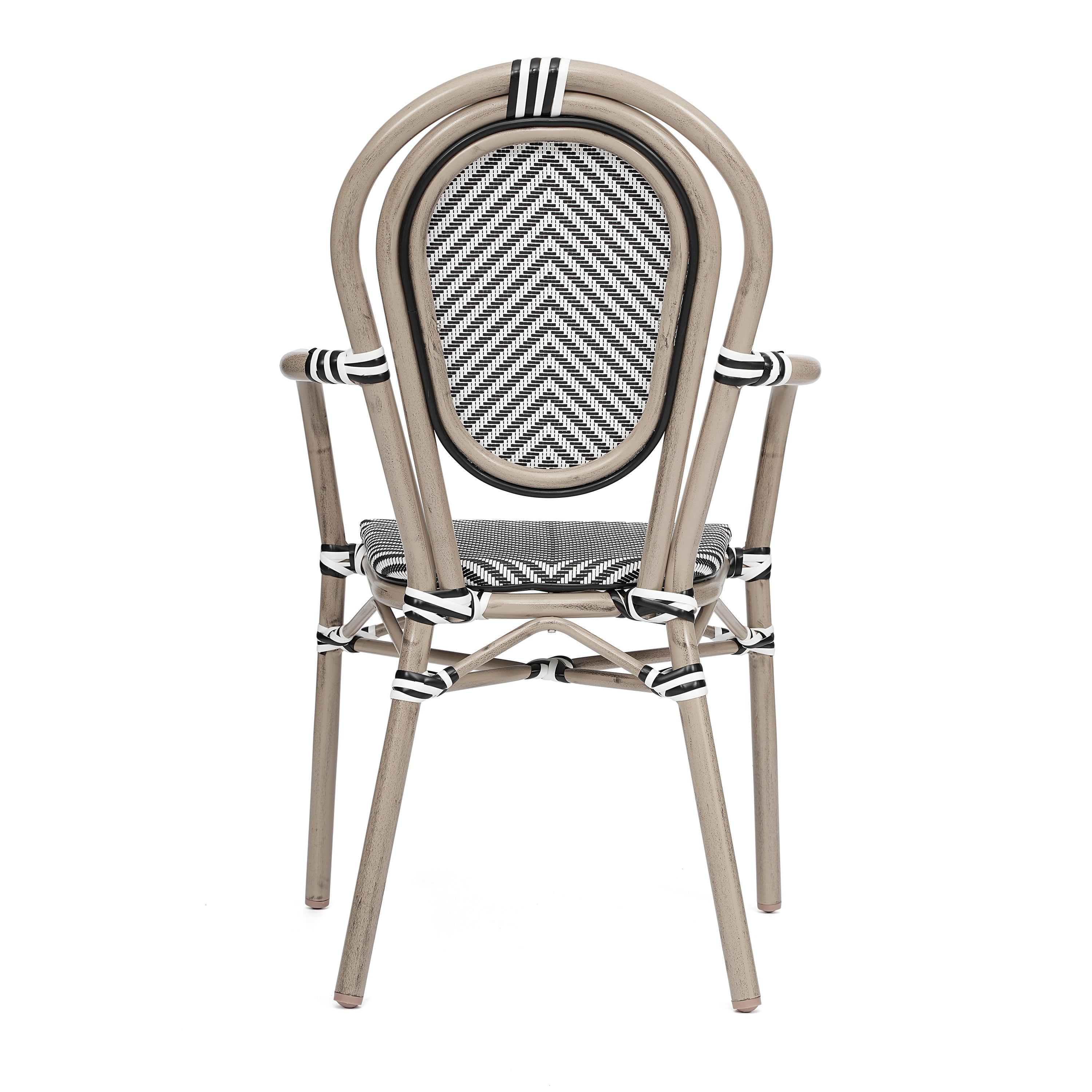 2 Pack Marseille Indoor/Outdoor Commercial Thonet Bistro Stack Chair with Arms, Black/White Textilene and Bamboo Aluminum Frame in LT Natural