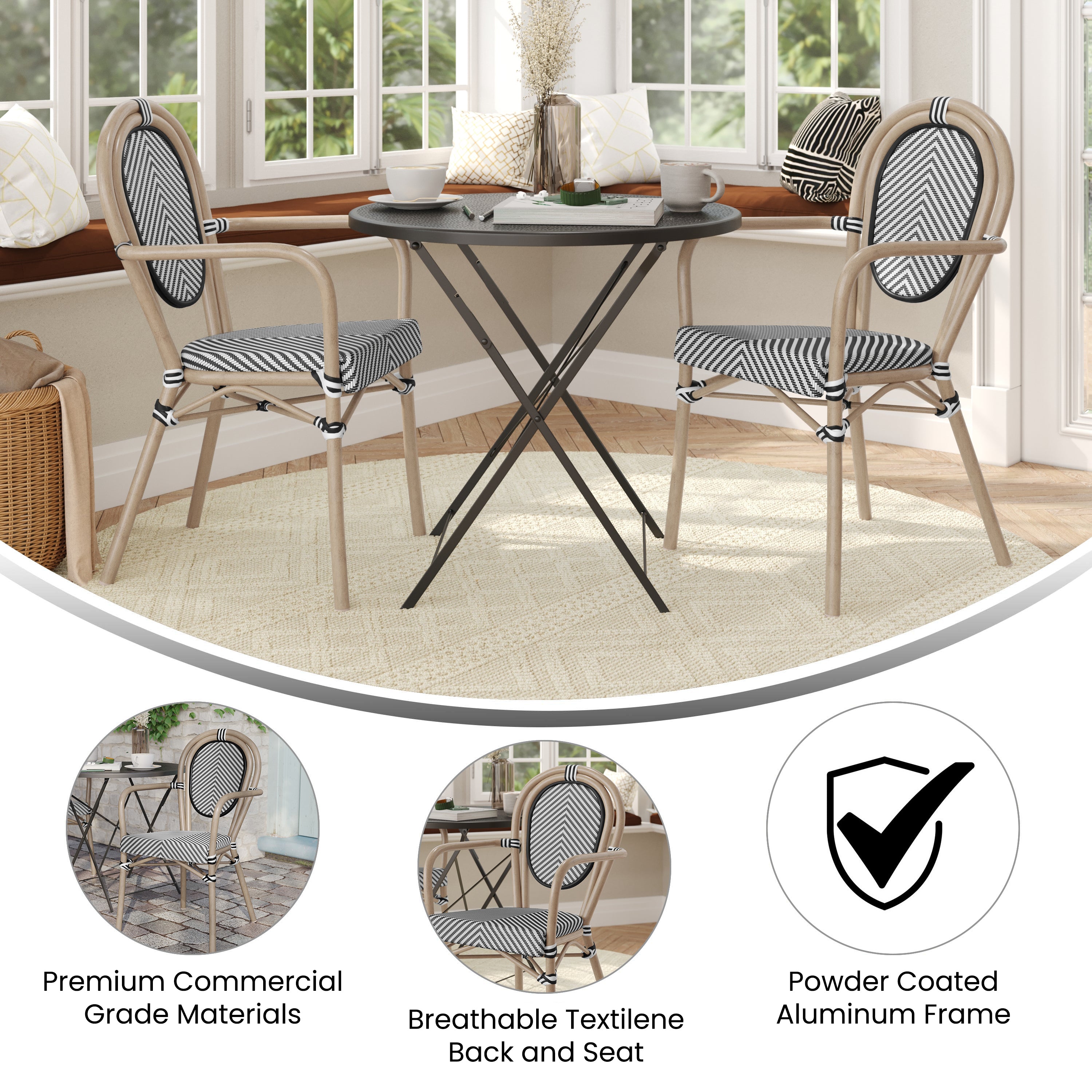 2 Pack Marseille Indoor/Outdoor Commercial Thonet Bistro Stack Chair with Arms, Black/White Textilene and Bamboo Aluminum Frame in LT Natural