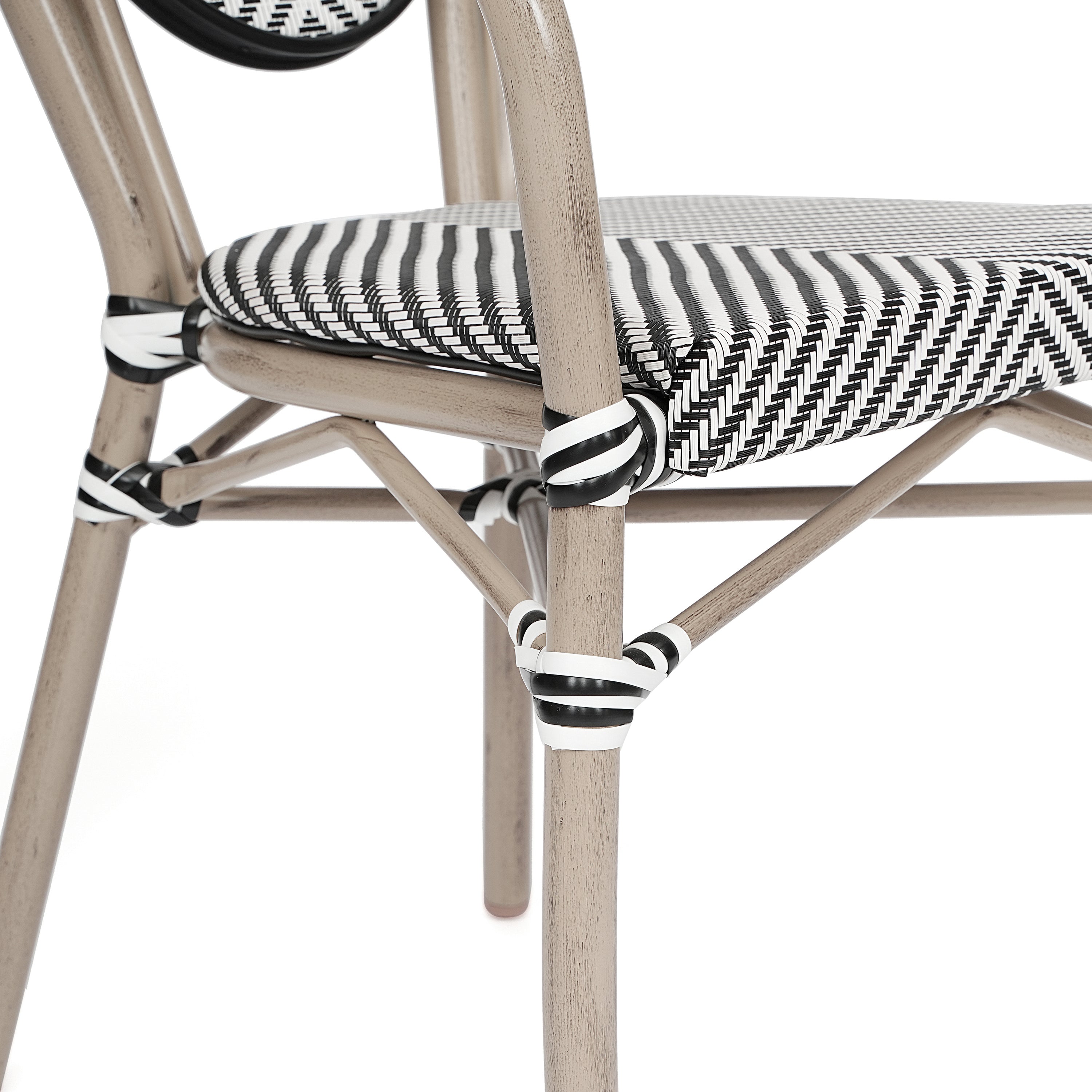 2 Pack Marseille Indoor/Outdoor Commercial Thonet Bistro Stack Chair with Arms, Black/White Textilene and Bamboo Aluminum Frame in LT Natural