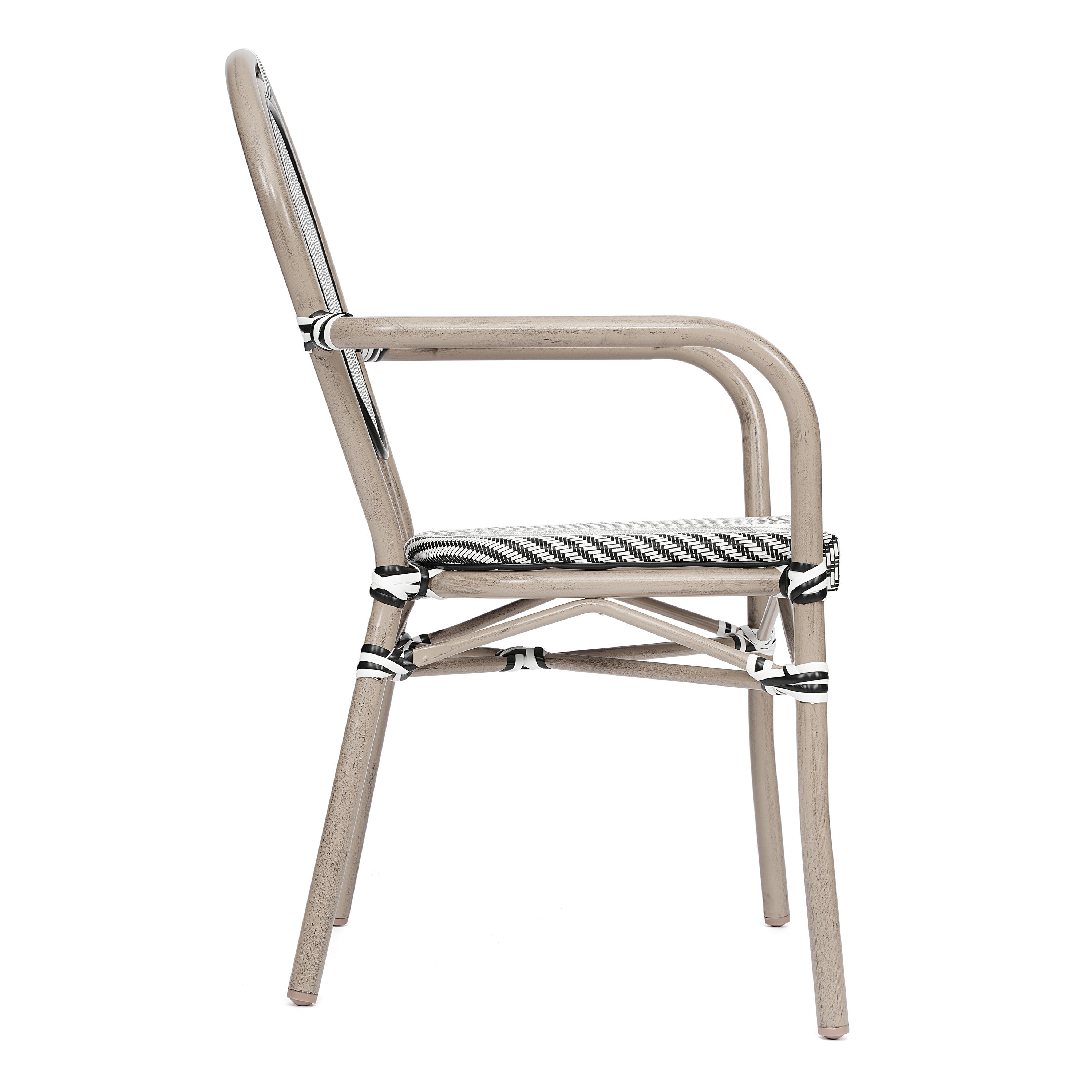 2 Pack Marseille Indoor/Outdoor Commercial Thonet Bistro Stack Chair with Arms, Black/White Textilene and Bamboo Aluminum Frame in LT Natural