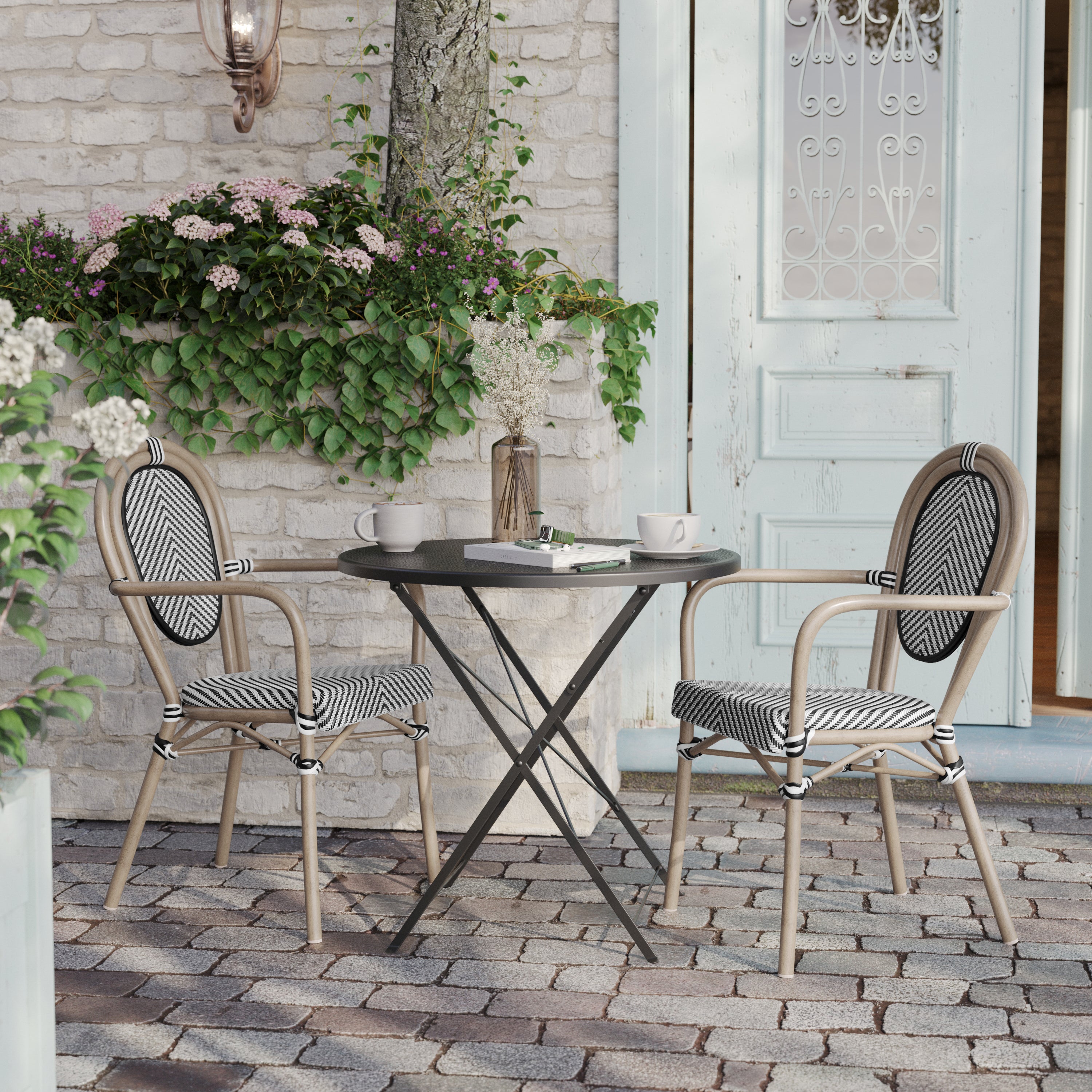 2 Pack Marseille Indoor/Outdoor Commercial Thonet Bistro Stack Chair with Arms, Black/White Textilene and Bamboo Aluminum Frame in LT Natural