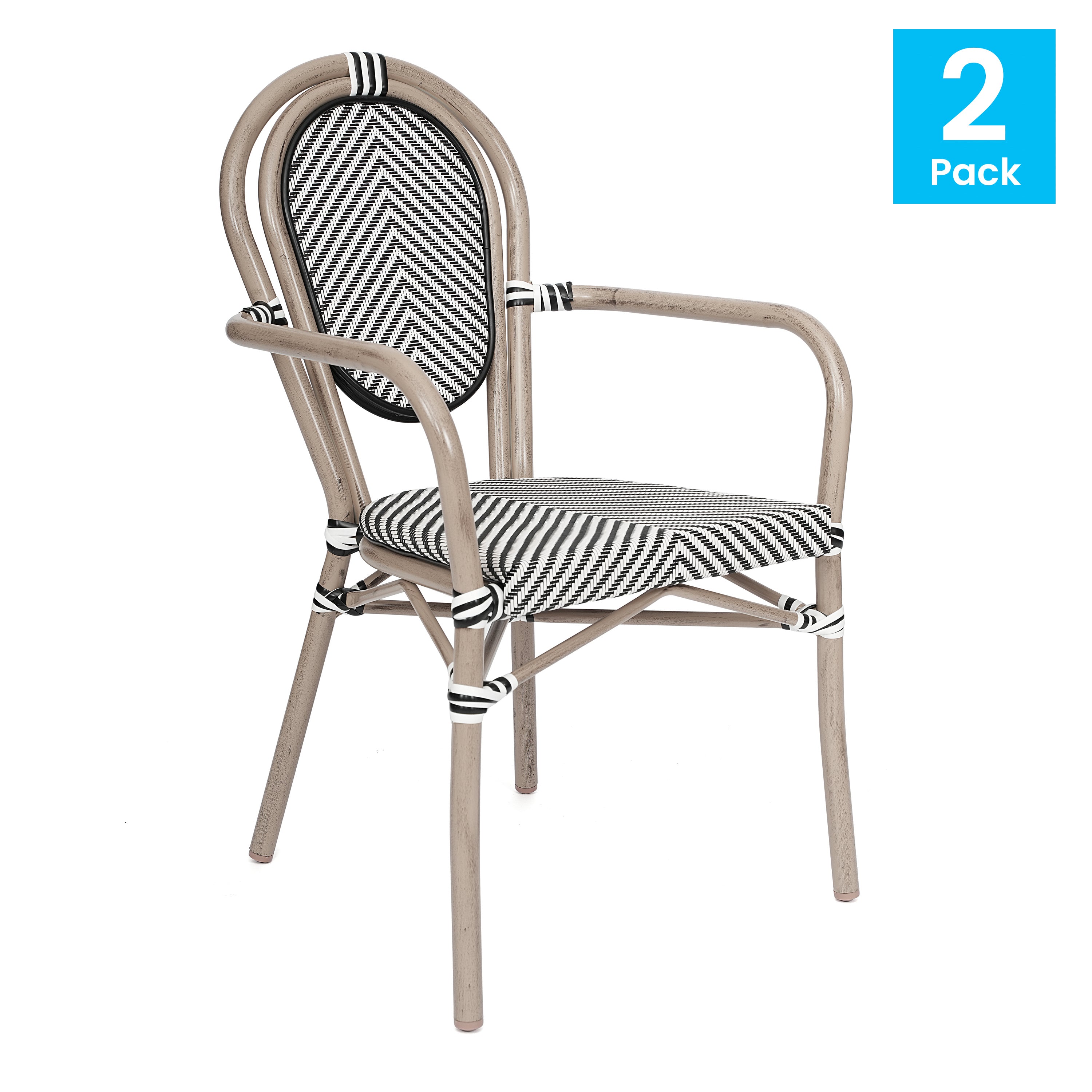 2 Pack Marseille Indoor/Outdoor Commercial Thonet Bistro Stack Chair with Arms, Black/White Textilene and Bamboo Aluminum Frame in LT Natural