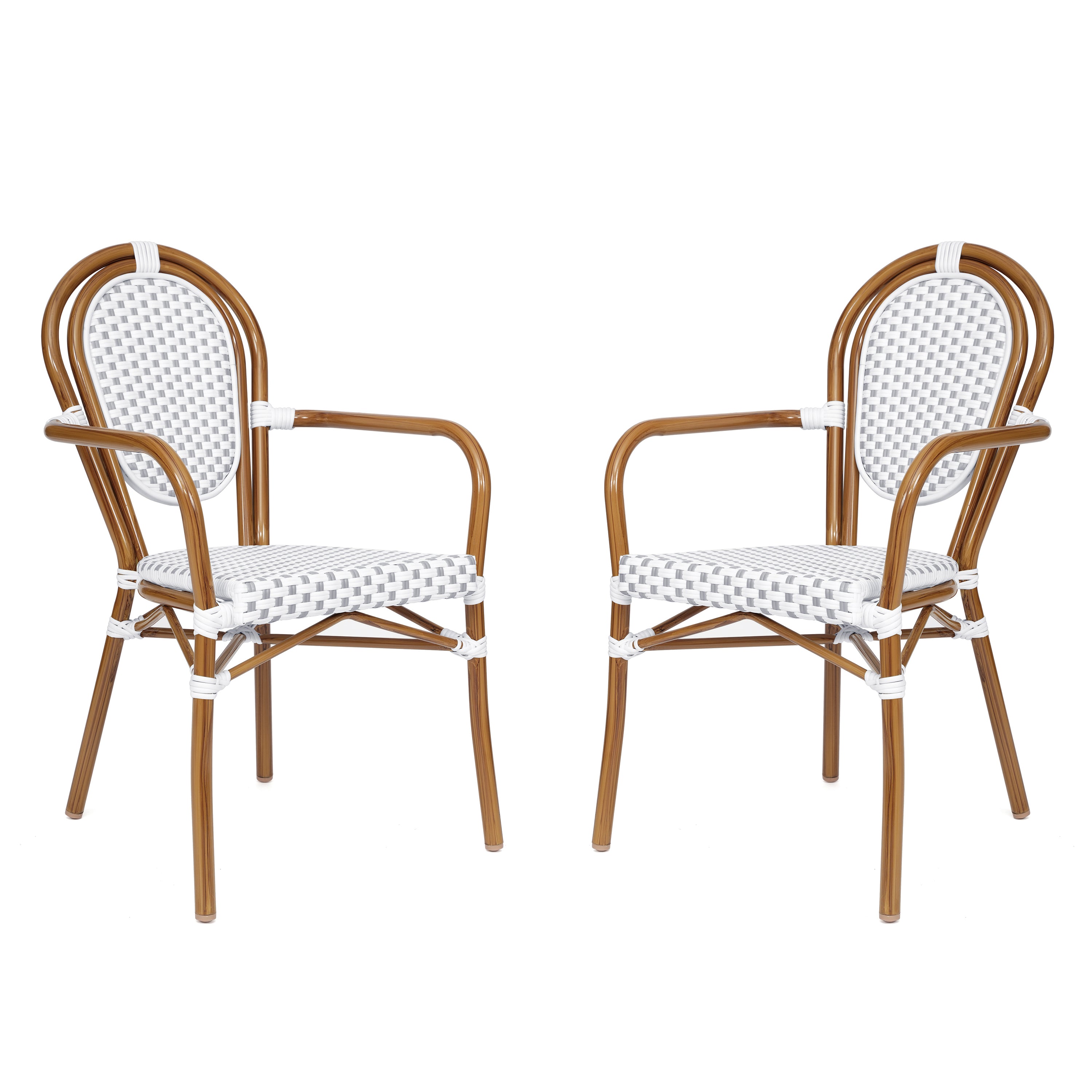 2 Pack Lourdes Indoor/Outdoor Commercial Thonet Bistro Stacking Chair with Arms, White and Gray PE Rattan and Bamboo Aluminum Frame in Natural