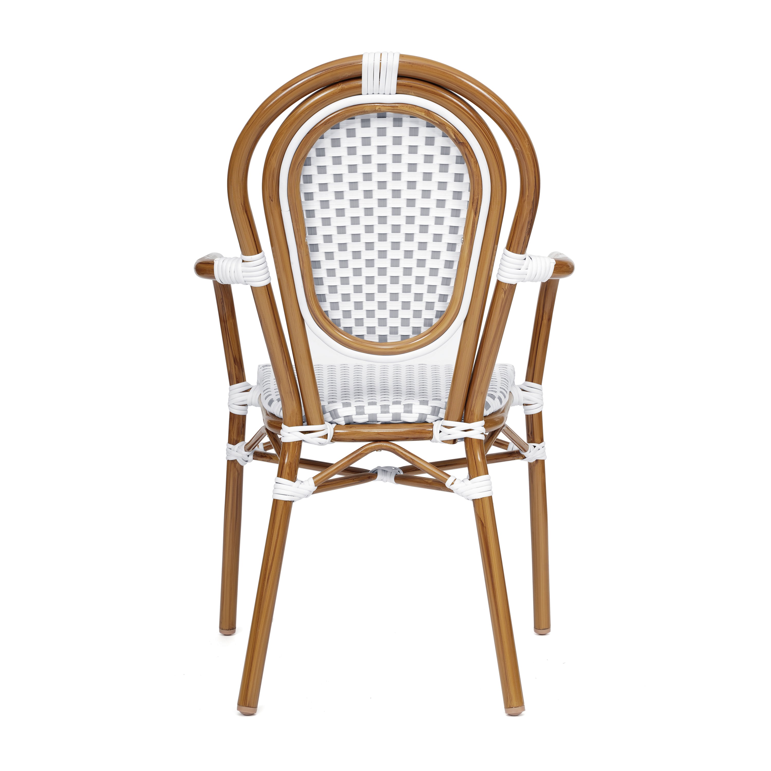 2 Pack Lourdes Indoor/Outdoor Commercial Thonet Bistro Stacking Chair with Arms, White and Gray PE Rattan and Bamboo Aluminum Frame in Natural