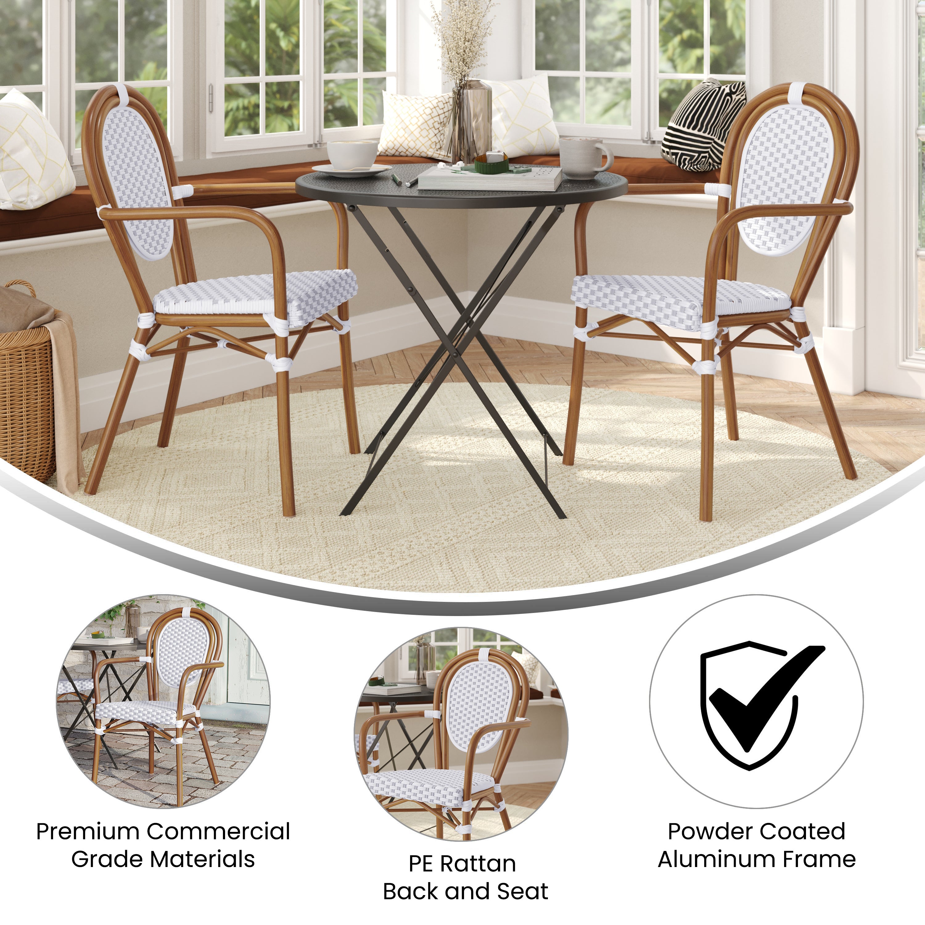 2 Pack Lourdes Indoor/Outdoor Commercial Thonet Bistro Stacking Chair with Arms, White and Gray PE Rattan and Bamboo Aluminum Frame in Natural