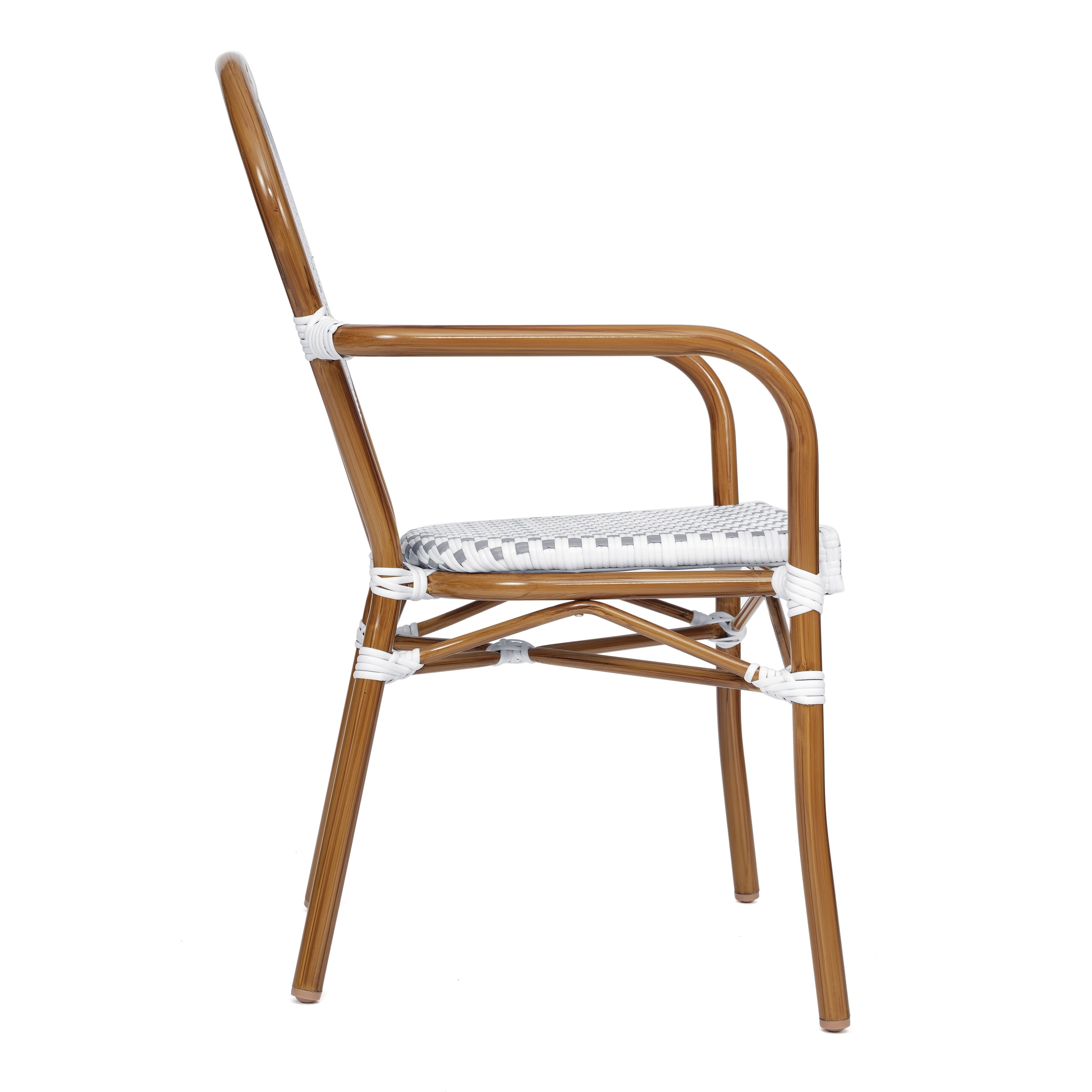 2 Pack Lourdes Indoor/Outdoor Commercial Thonet Bistro Stacking Chair with Arms, White and Gray PE Rattan and Bamboo Aluminum Frame in Natural