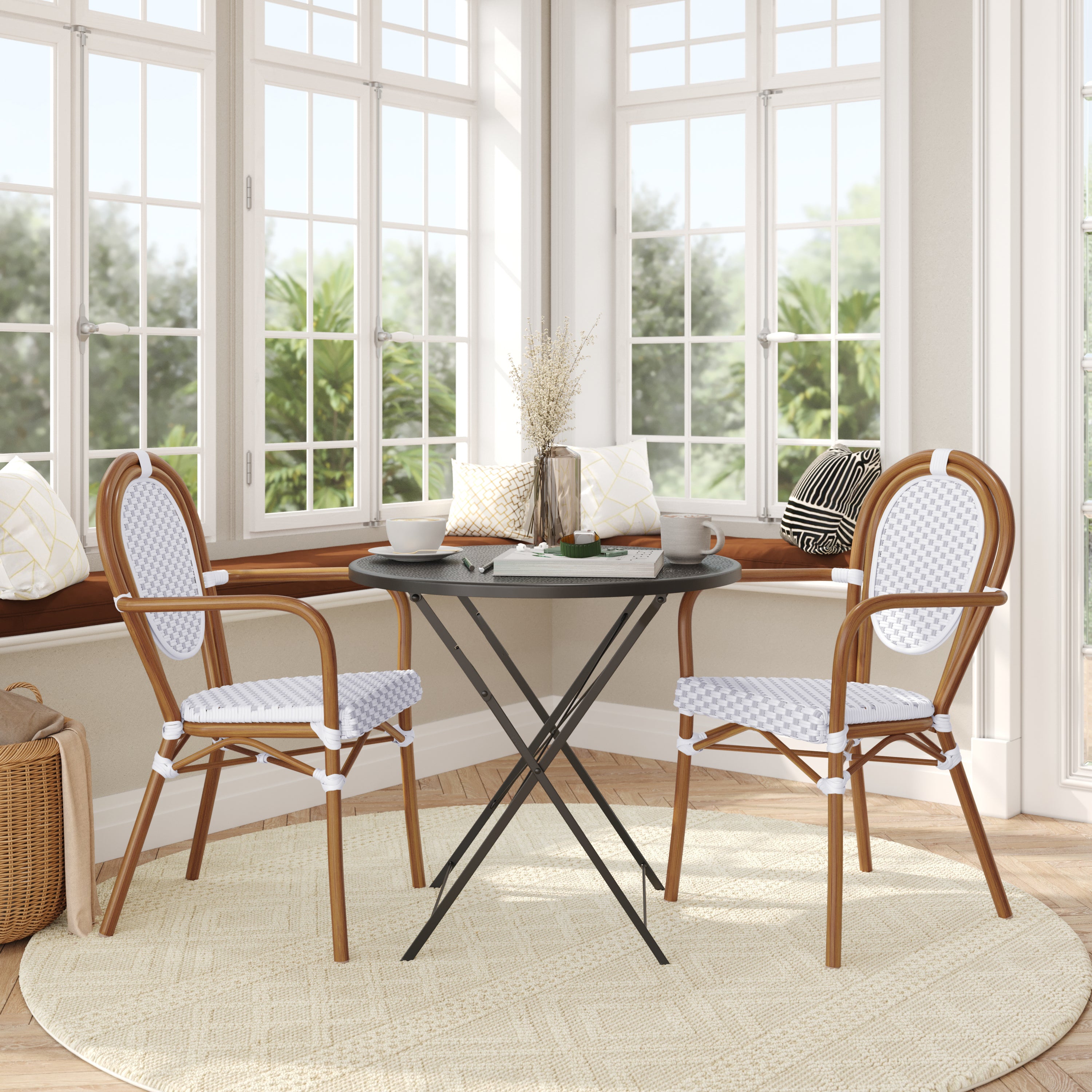 2 Pack Lourdes Indoor/Outdoor Commercial Thonet Bistro Stacking Chair with Arms, White and Gray PE Rattan and Bamboo Aluminum Frame in Natural