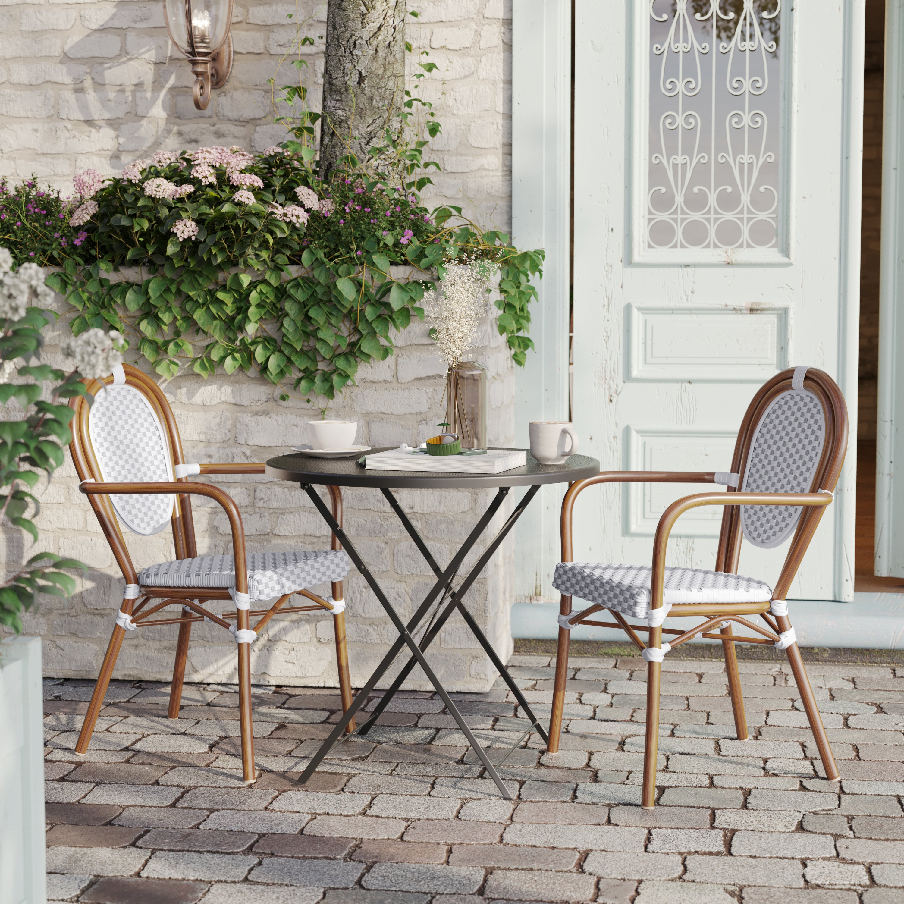 2 Pack Lourdes Indoor/Outdoor Commercial Thonet Bistro Stacking Chair with Arms, White and Gray PE Rattan and Bamboo Aluminum Frame in Natural