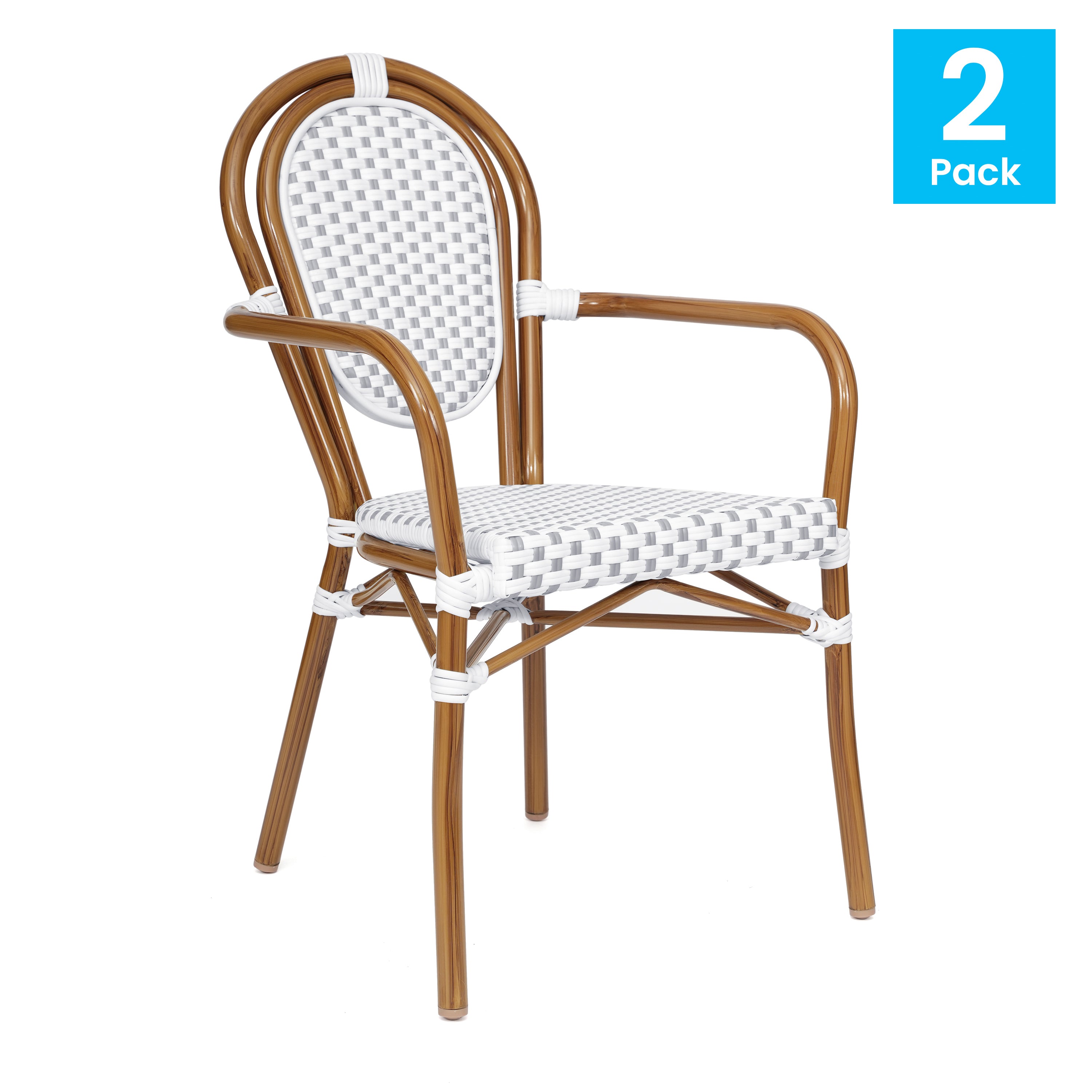 2 Pack Lourdes Indoor/Outdoor Commercial Thonet Bistro Stacking Chair with Arms, White and Gray PE Rattan and Bamboo Aluminum Frame in Natural