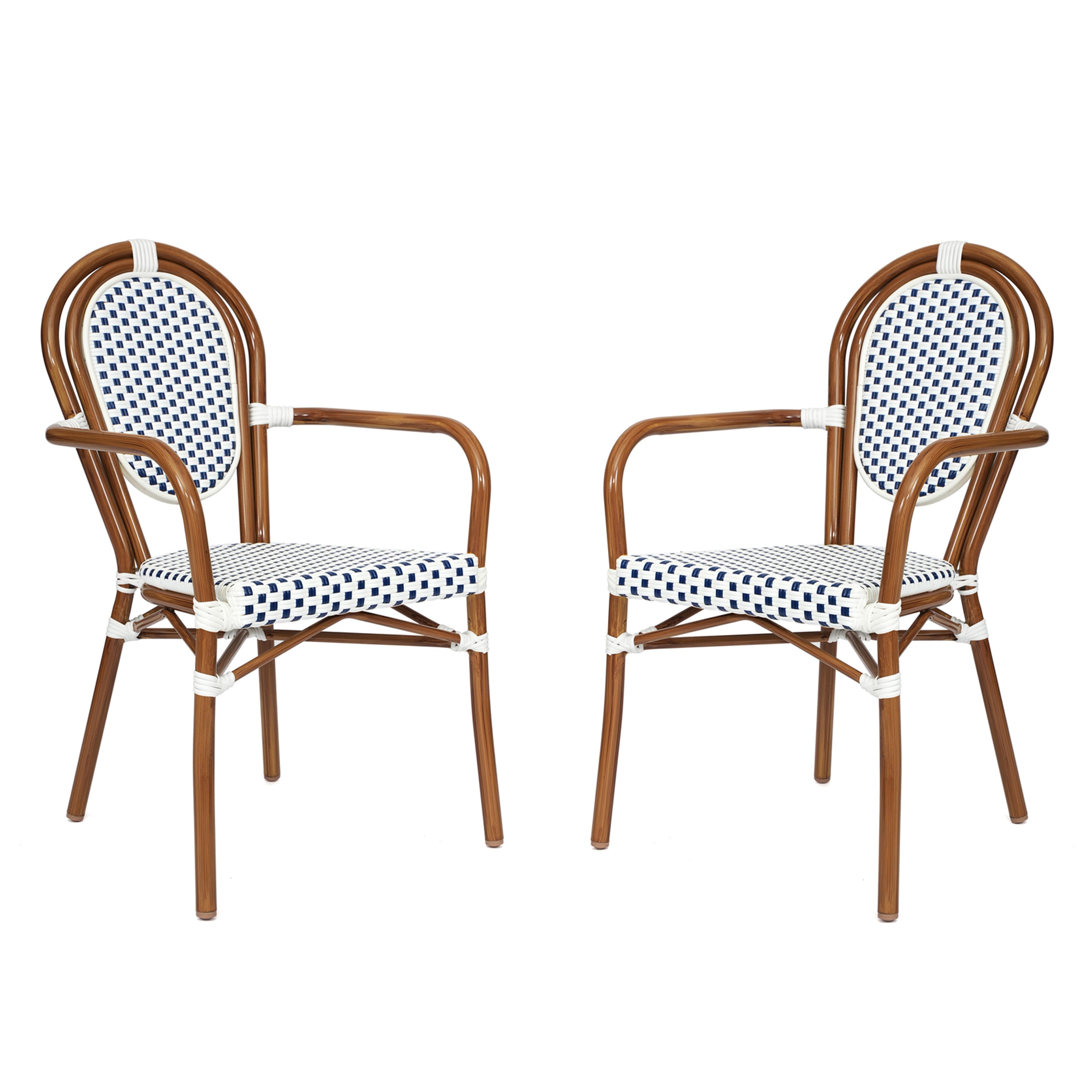 2 Pack Lourdes Indoor/Outdoor Commercial Thonet Bistro Stacking Chair with Arms, White and Navy PE Rattan and Bamboo Aluminum Frame in Natural
