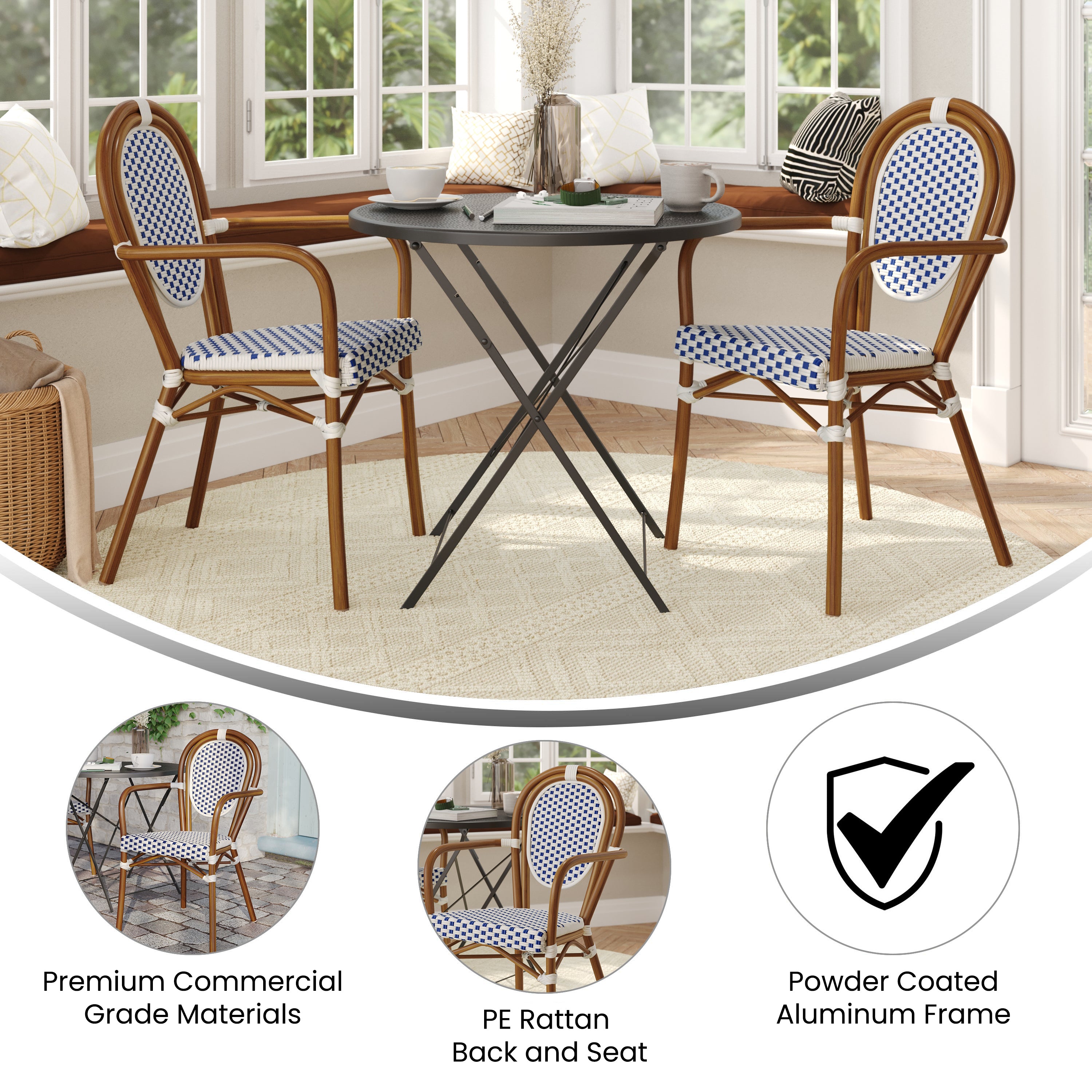 2 Pack Lourdes Indoor/Outdoor Commercial Thonet Bistro Stacking Chair with Arms, White and Navy PE Rattan and Bamboo Aluminum Frame in Natural