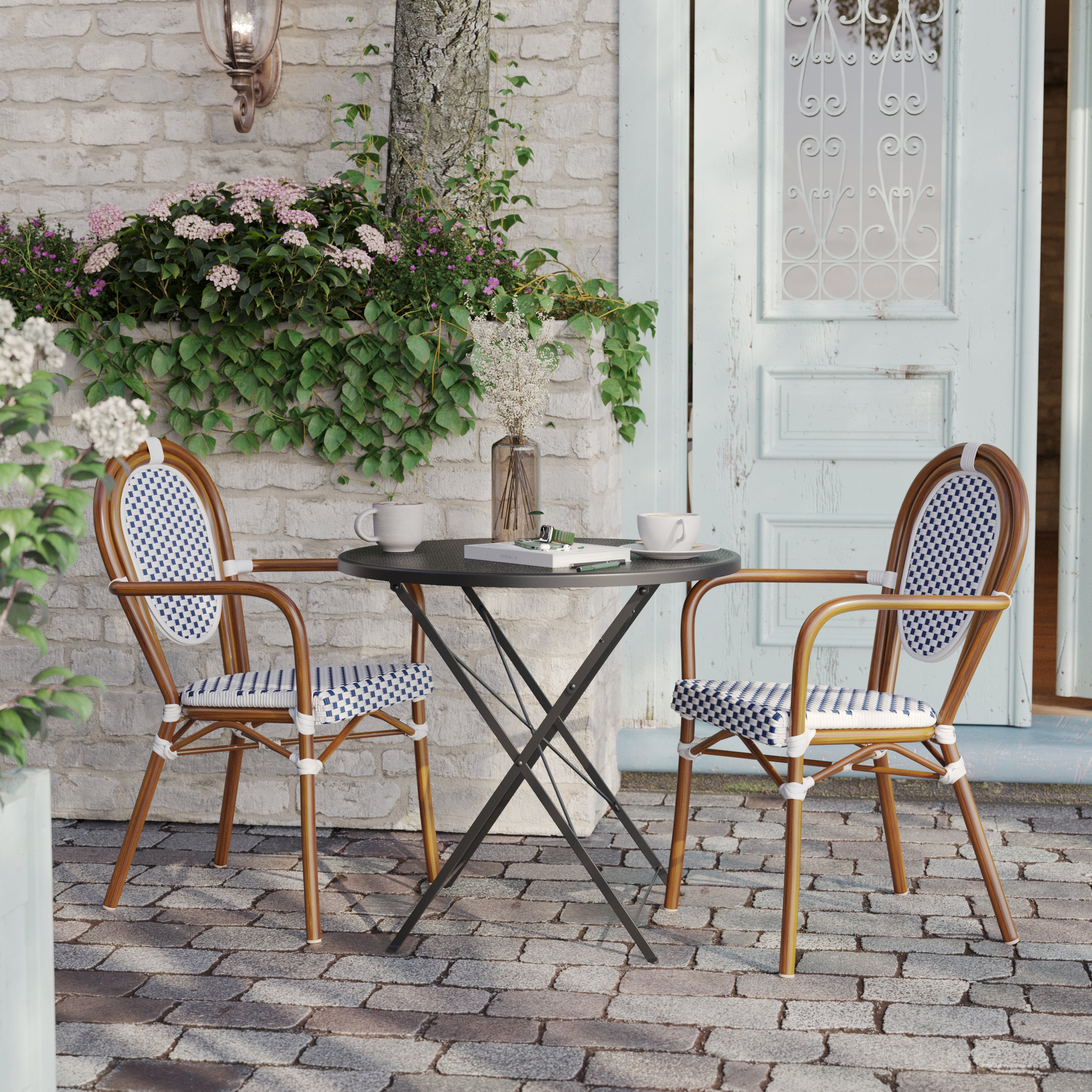 2 Pack Lourdes Indoor/Outdoor Commercial Thonet Bistro Stacking Chair with Arms, White and Navy PE Rattan and Bamboo Aluminum Frame in Natural