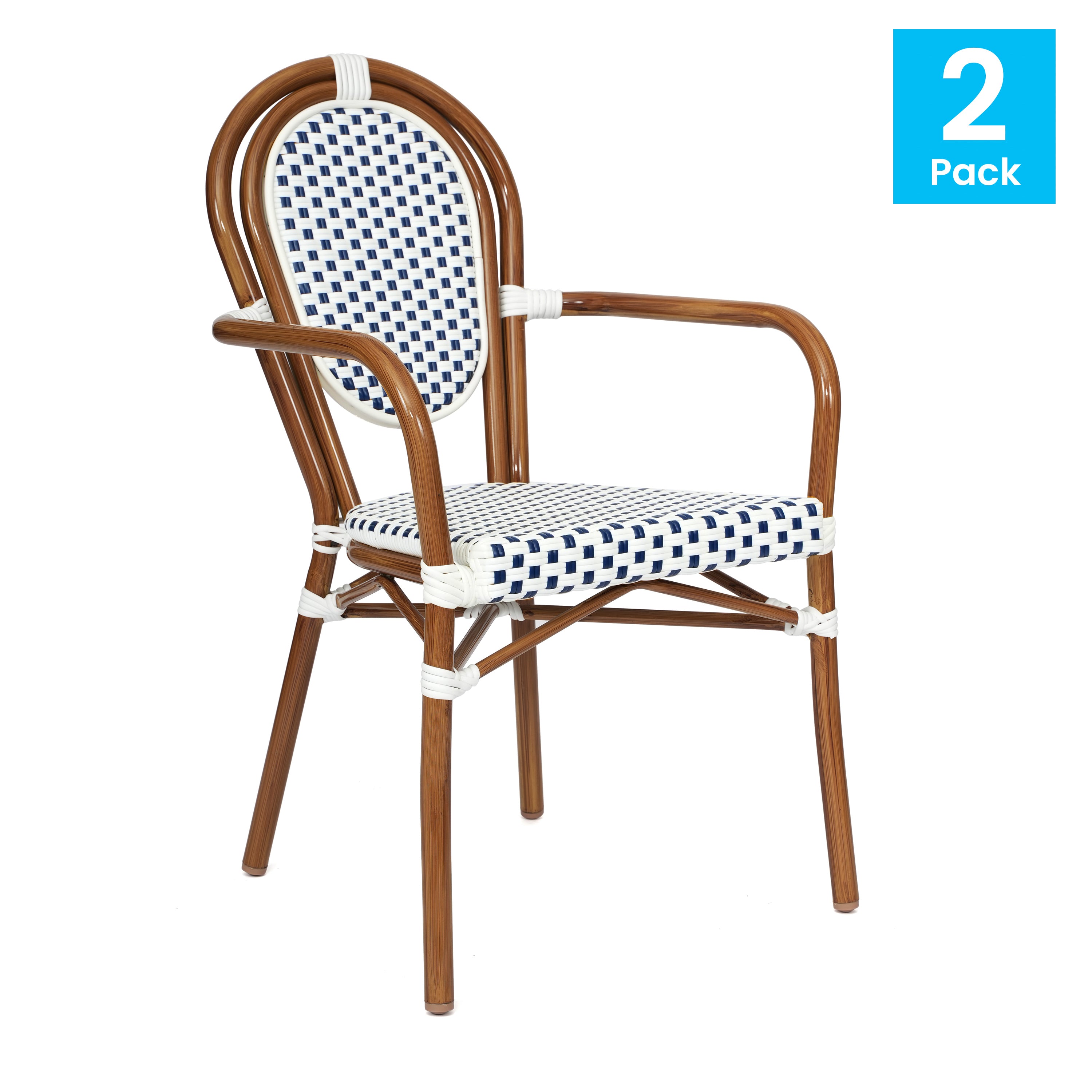 2 Pack Lourdes Indoor/Outdoor Commercial Thonet Bistro Stacking Chair with Arms, White and Navy PE Rattan and Bamboo Aluminum Frame in Natural