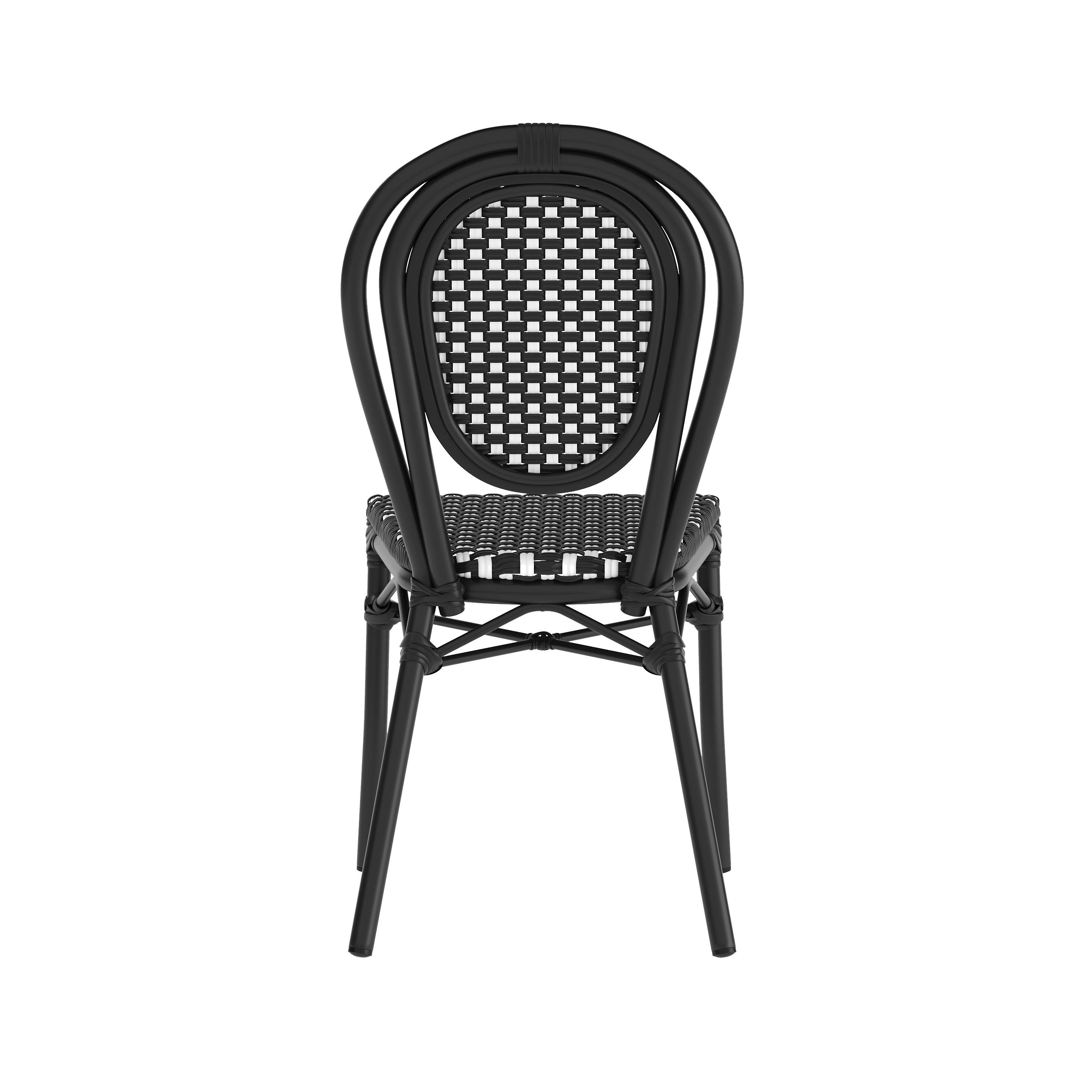 2 Pack Lourdes Indoor/Outdoor Commercial Thonet Bistro Stacking Chair, Black and White PE Rattan and Black Aluminum Frame