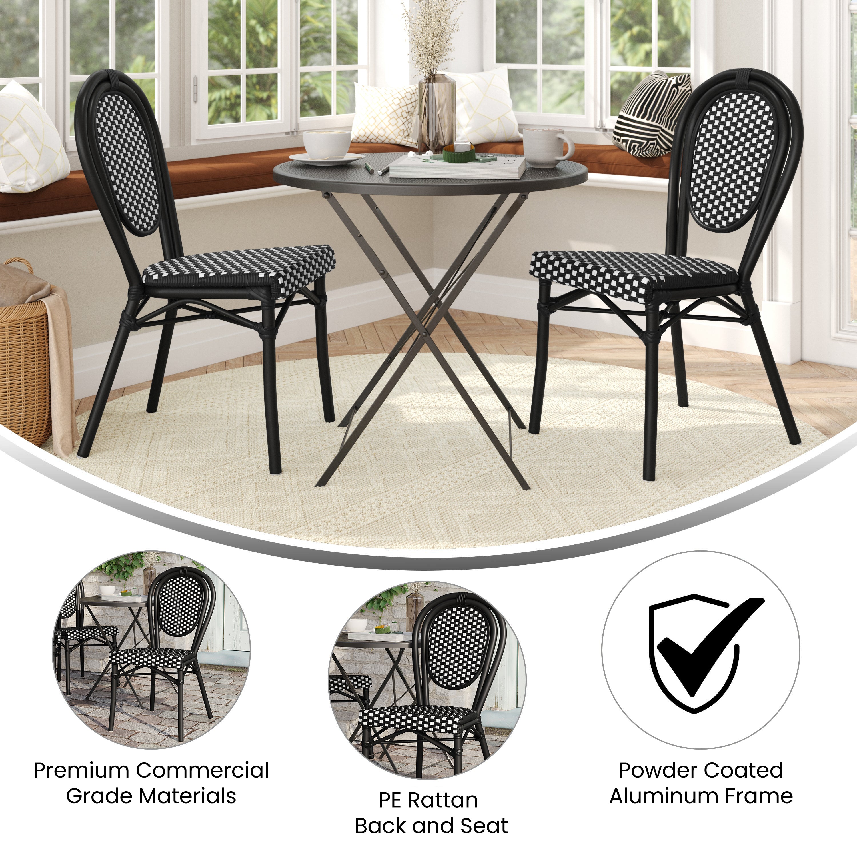 2 Pack Lourdes Indoor/Outdoor Commercial Thonet Bistro Stacking Chair, Black and White PE Rattan and Black Aluminum Frame