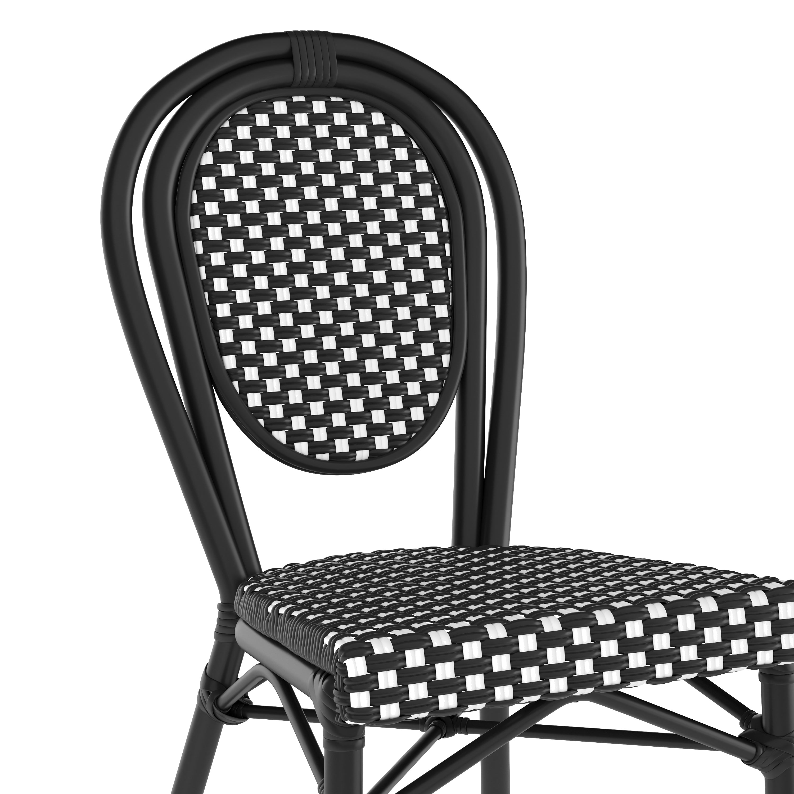 2 Pack Lourdes Indoor/Outdoor Commercial Thonet Bistro Stacking Chair, Black and White PE Rattan and Black Aluminum Frame