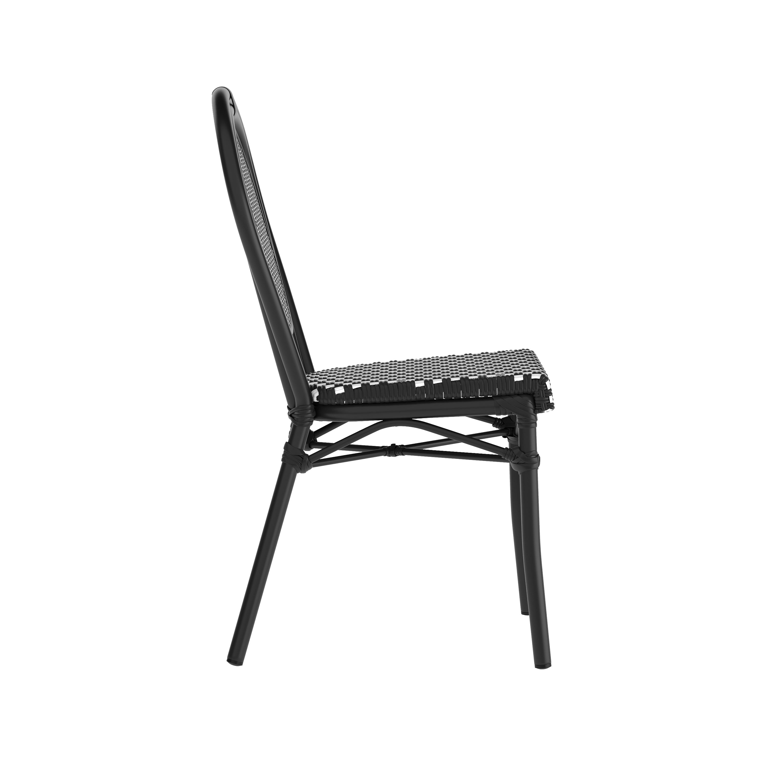 2 Pack Lourdes Indoor/Outdoor Commercial Thonet Bistro Stacking Chair, Black and White PE Rattan and Black Aluminum Frame
