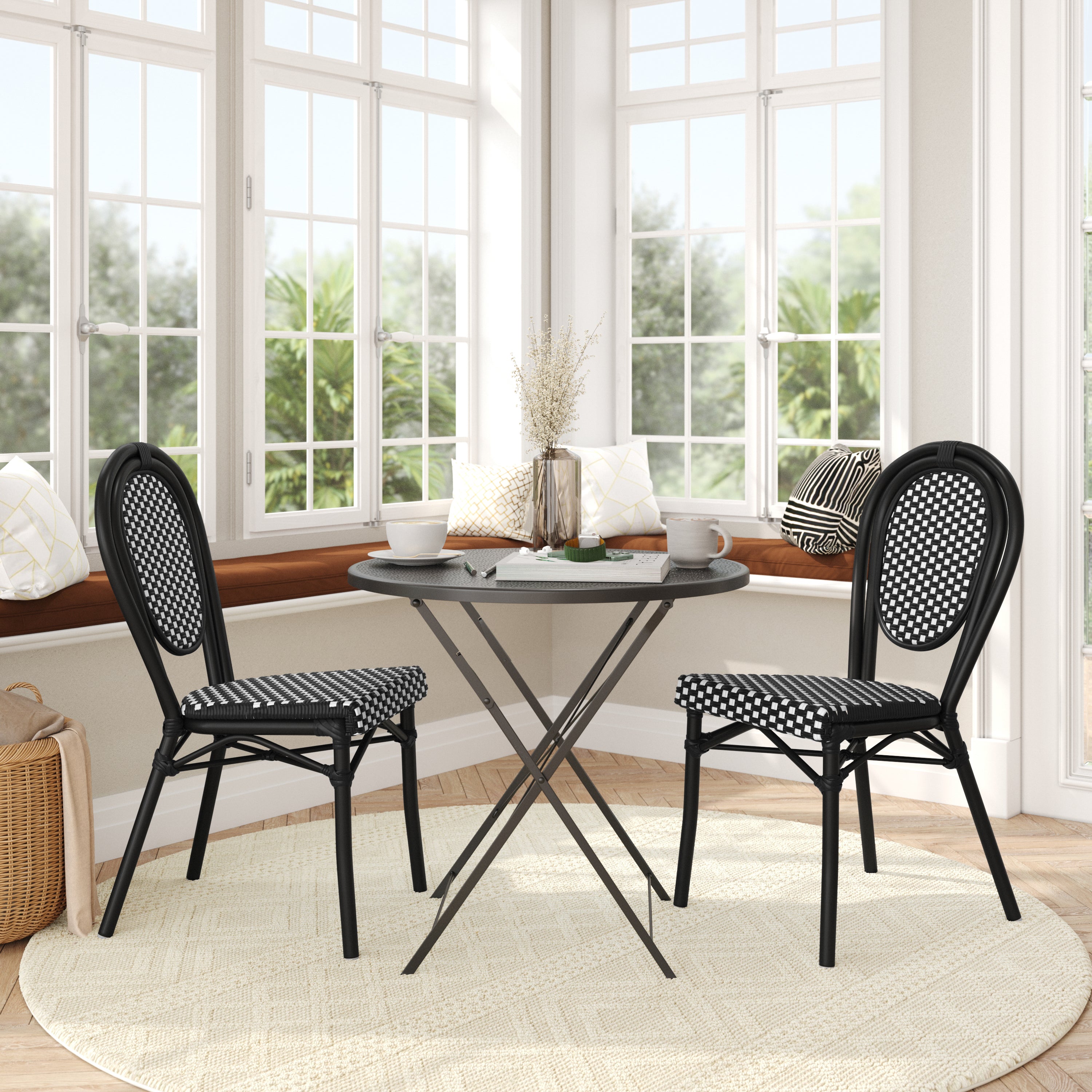 2 Pack Lourdes Indoor/Outdoor Commercial Thonet Bistro Stacking Chair, Black and White PE Rattan and Black Aluminum Frame