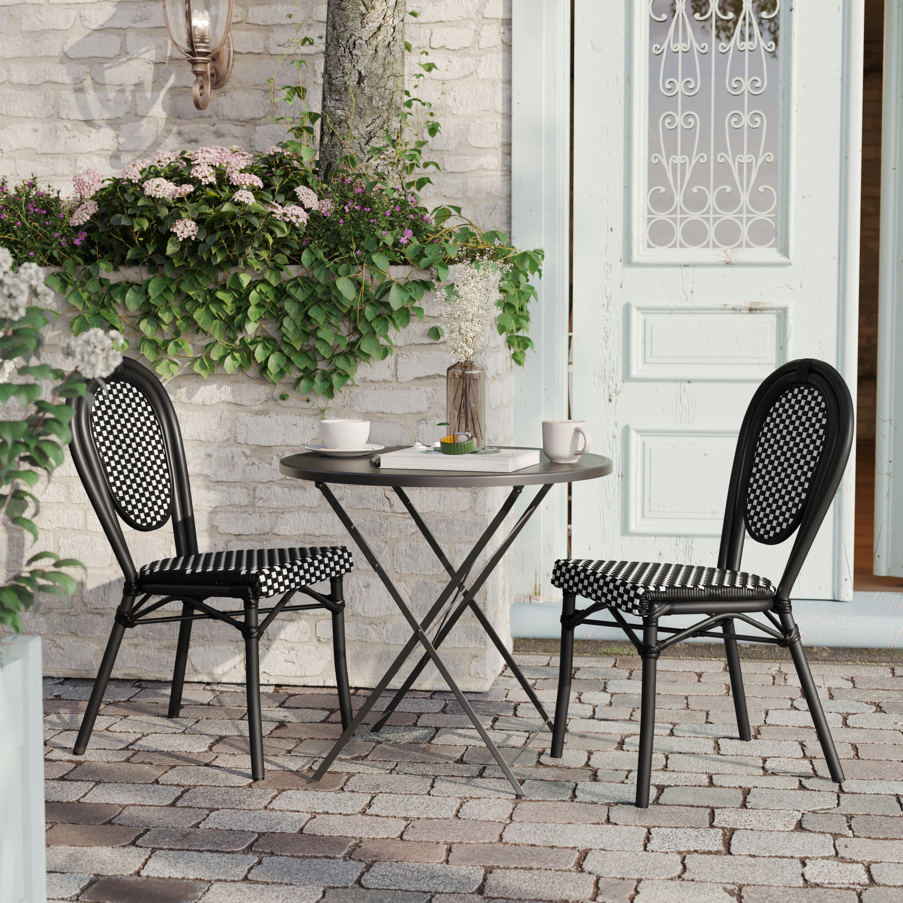 2 Pack Lourdes Indoor/Outdoor Commercial Thonet Bistro Stacking Chair, Black and White PE Rattan and Black Aluminum Frame