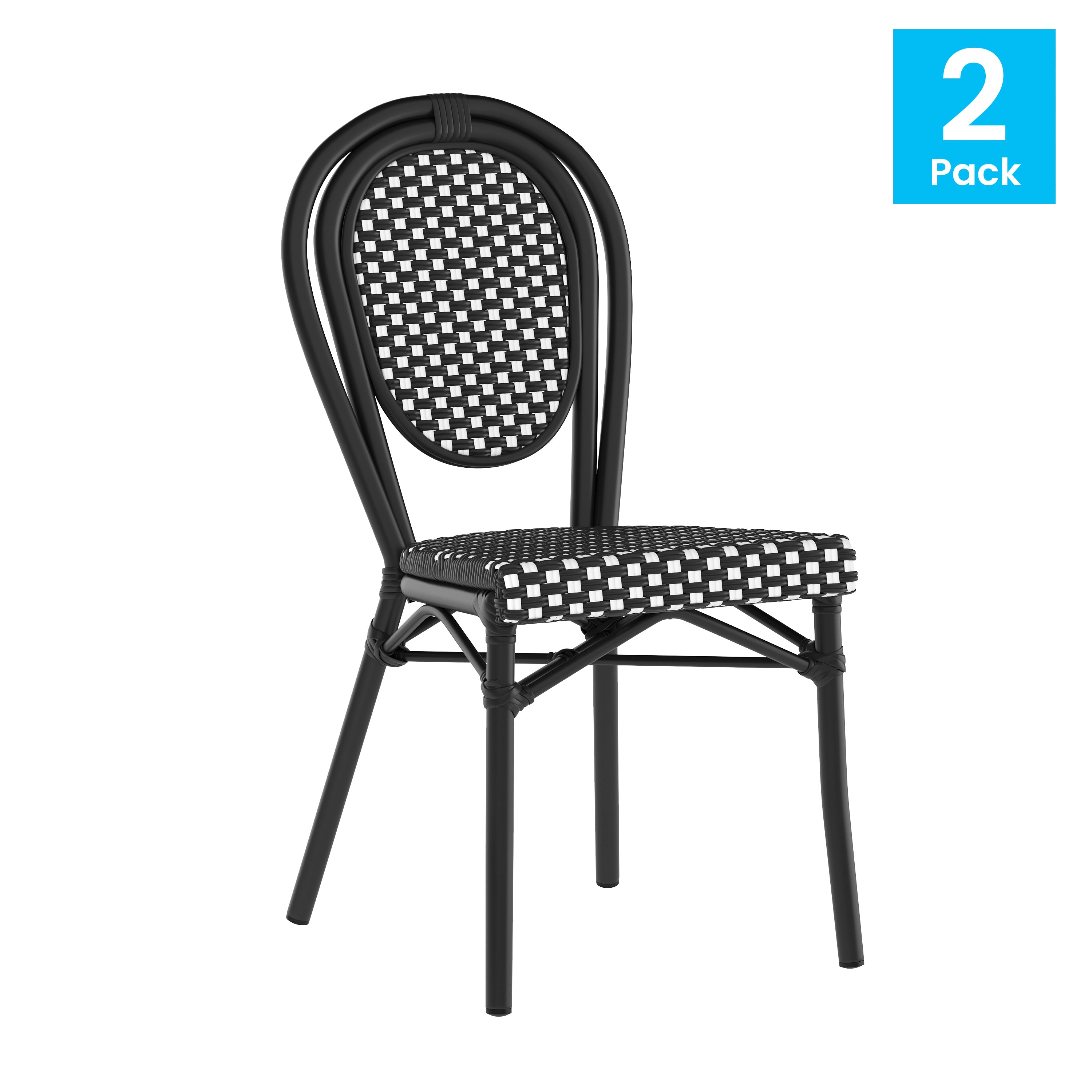 2 Pack Lourdes Indoor/Outdoor Commercial Thonet Bistro Stacking Chair, Black and White PE Rattan and Black Aluminum Frame