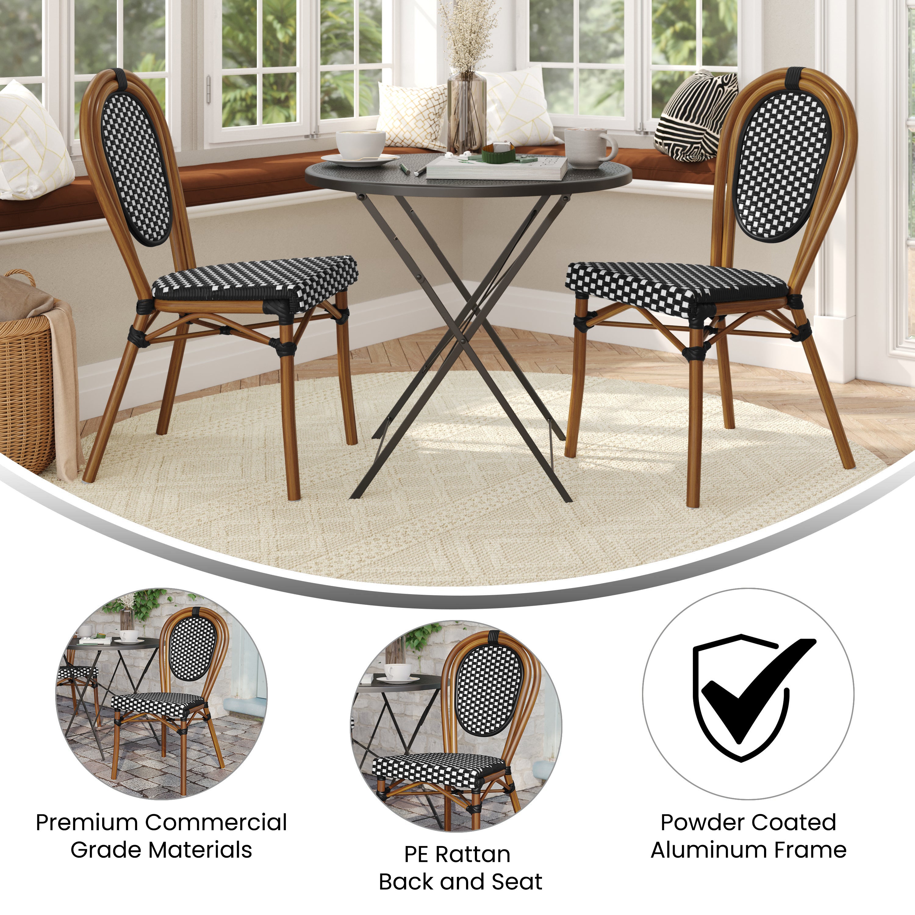 2 Pack Lourdes Indoor/Outdoor Commercial Thonet Bistro Stack Chair Natural/White PE Rattan and Bamboo Aluminum Frame in Natural