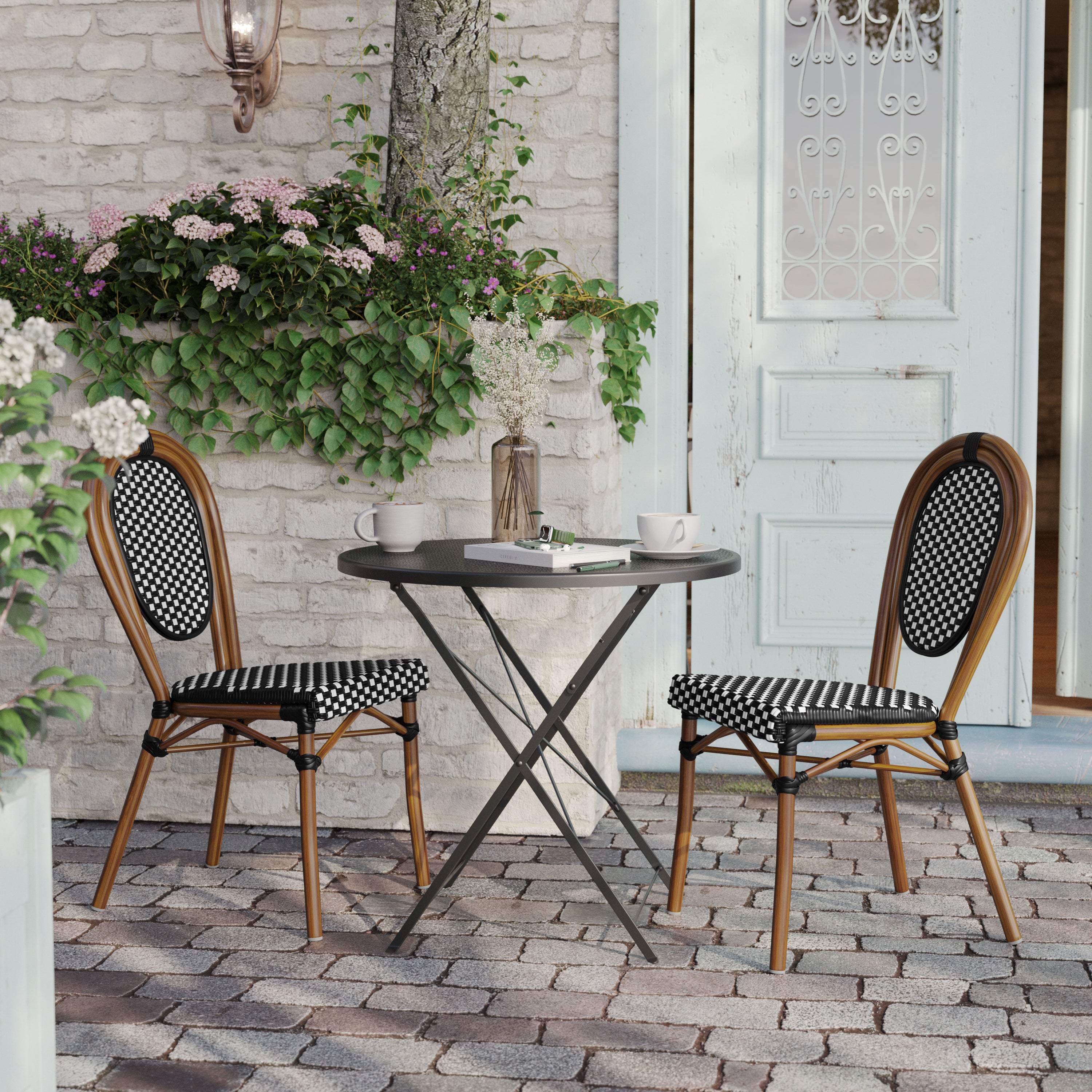 2 Pack Lourdes Indoor/Outdoor Commercial Thonet Bistro Stack Chair Natural/White PE Rattan and Bamboo Aluminum Frame in Natural