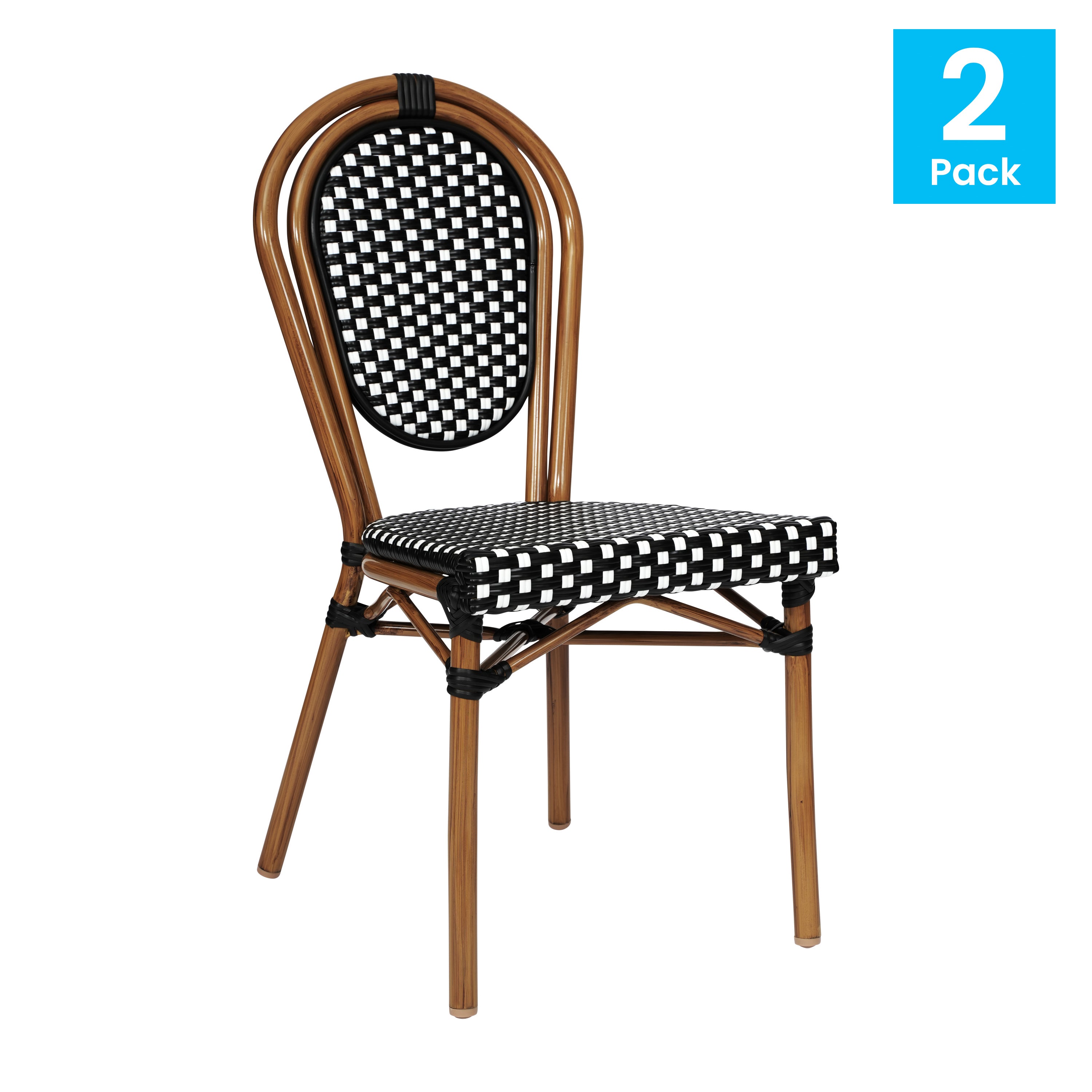 2 Pack Lourdes Indoor/Outdoor Commercial Thonet Bistro Stack Chair Natural/White PE Rattan and Bamboo Aluminum Frame in Natural