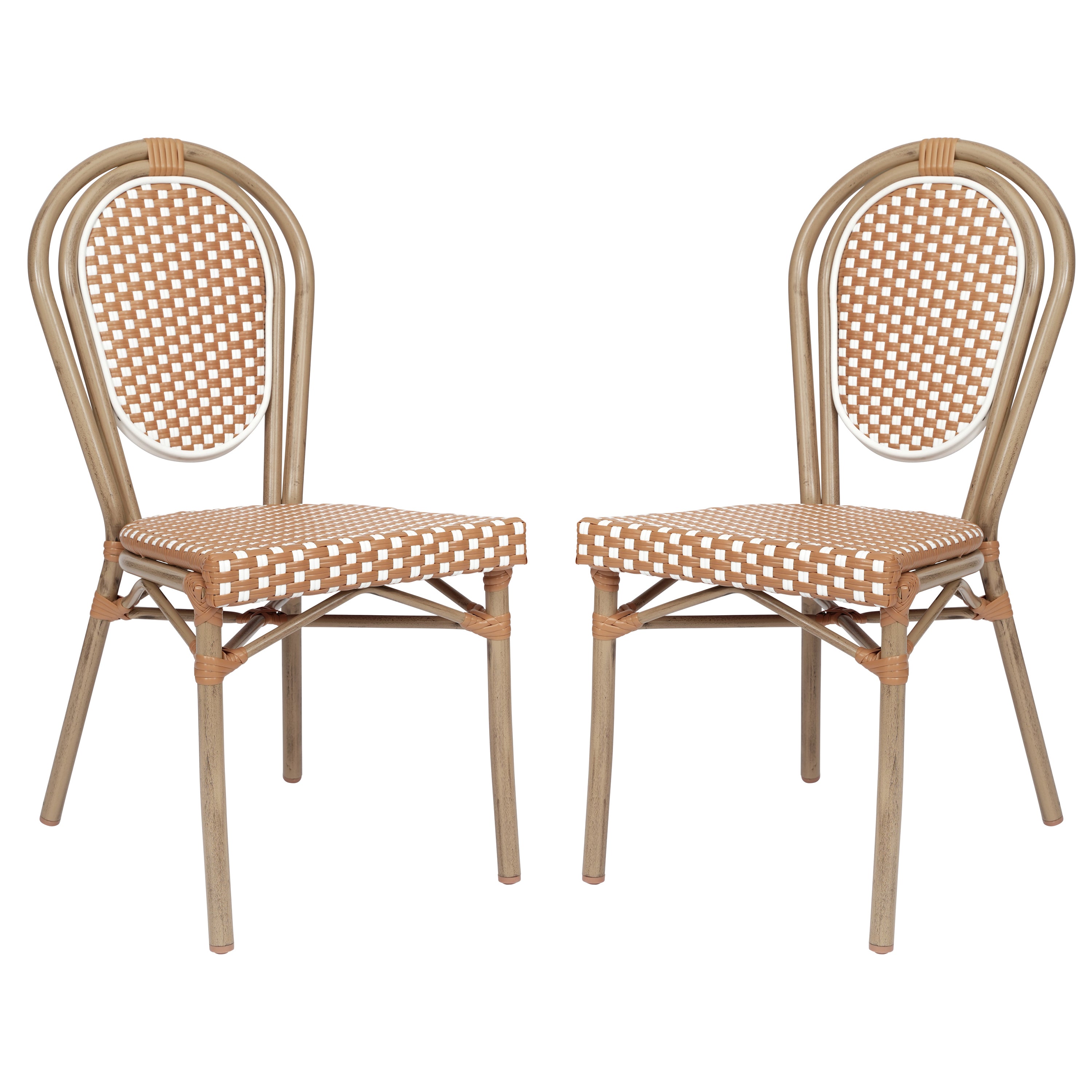 2 Pack Lourdes Indoor/Outdoor Commercial Thonet Bistro Stacking Chair, Natural/White PE Rattan and Bamboo Print Aluminum Frame in Light Natural