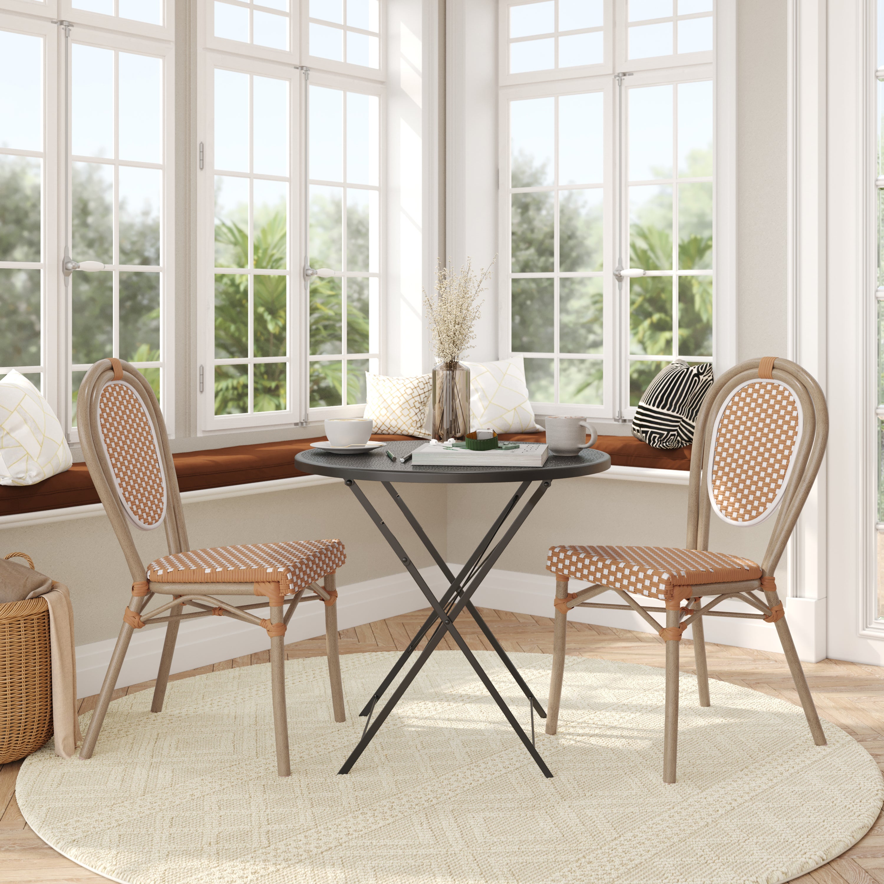 2 Pack Lourdes Indoor/Outdoor Commercial Thonet Bistro Stacking Chair, Natural/White PE Rattan and Bamboo Print Aluminum Frame in Light Natural